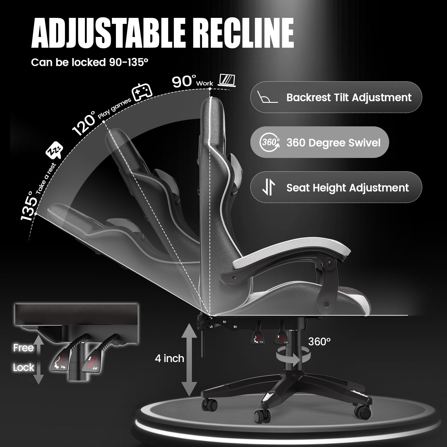Bigzzia Ergonomic Gaming Chair, Adjustable Office Desk Chair with Lumbar Support and Headrest (Black and White, 350 lb Capacity) tt7sk