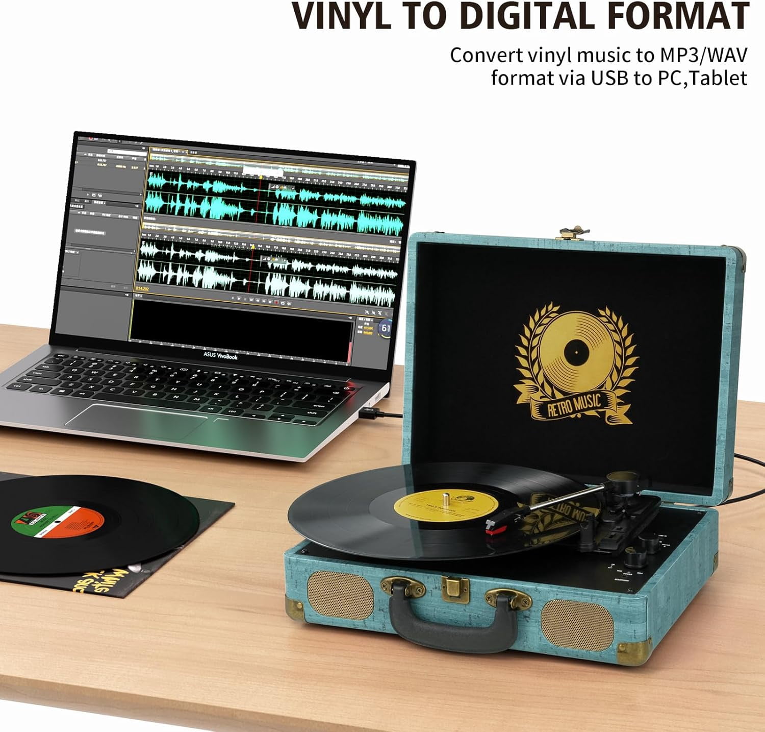 DIGITNOW Vinyl Record Player Bluetooth Turntable (Blue, 3-Speed Portable Suitcase) al1va