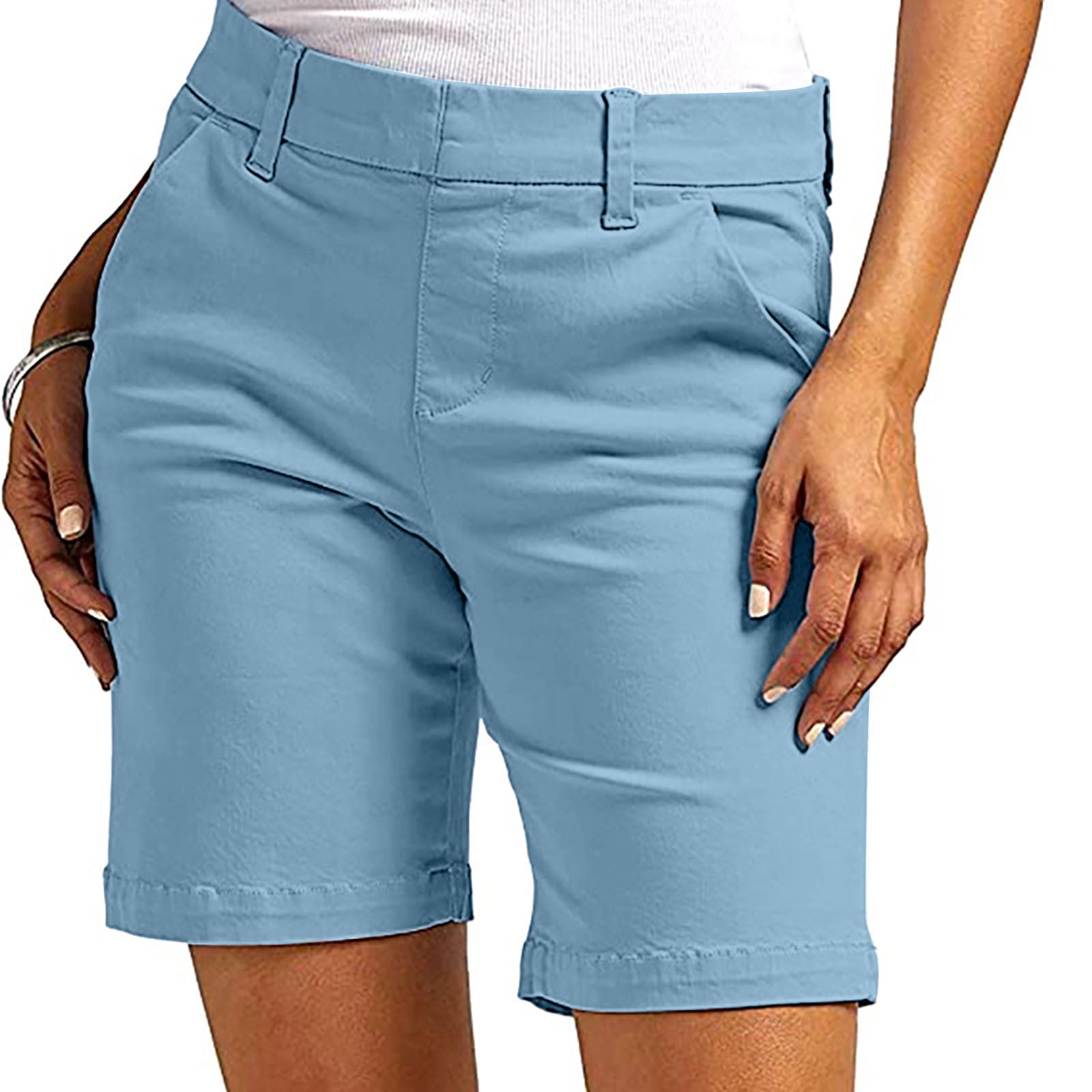 HTNBO Womens Bermuda Shorts Straight Leg Athletic Hiking Golf Shorts with Pockets (Blue, Large) def5w