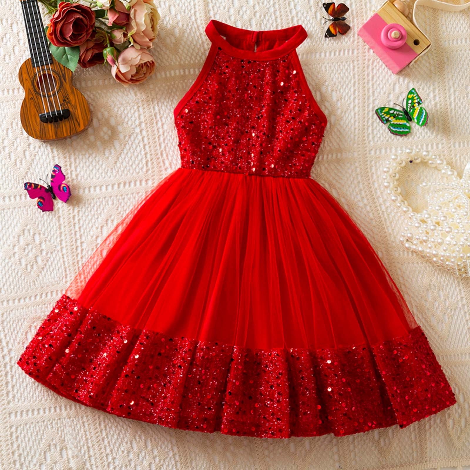 Gelikeya Girls Sequin Sparkly Tutu Dress Sleeveless Party Outfit (Red, 4-5 Years) u3ymr