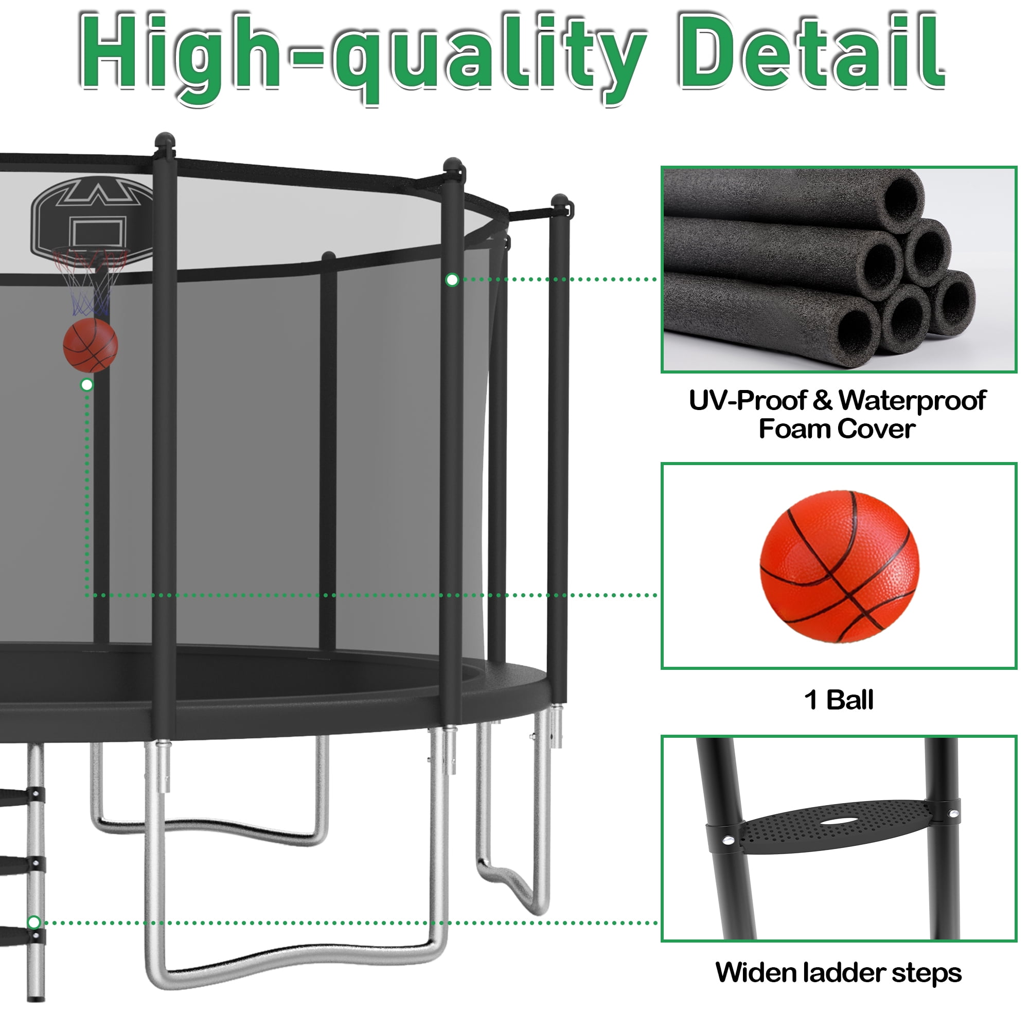 LHX Outdoor Backyard Trampoline with Enclosure Net, Basketball Hoop, Ladder, and LED Lights (Black, 16 ft) d70aj