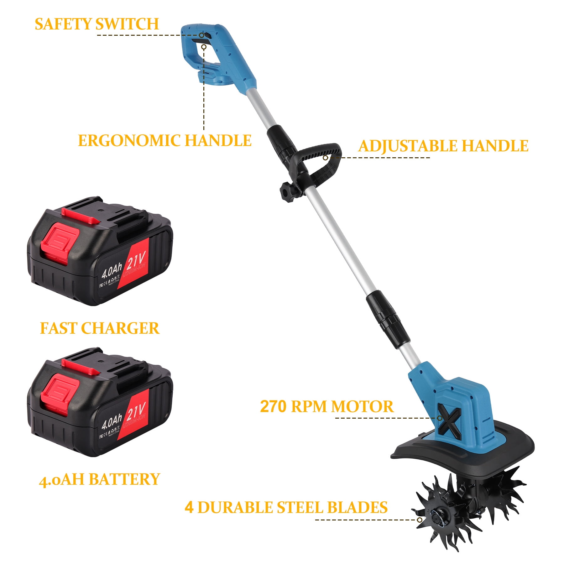 HUSGW 21V Cordless Electric Garden Tiller Cultivator, High-Torque Rotary Soil Tiller with 2 Batteries and Charger (9 in Width, 6 in Depth) r62x3