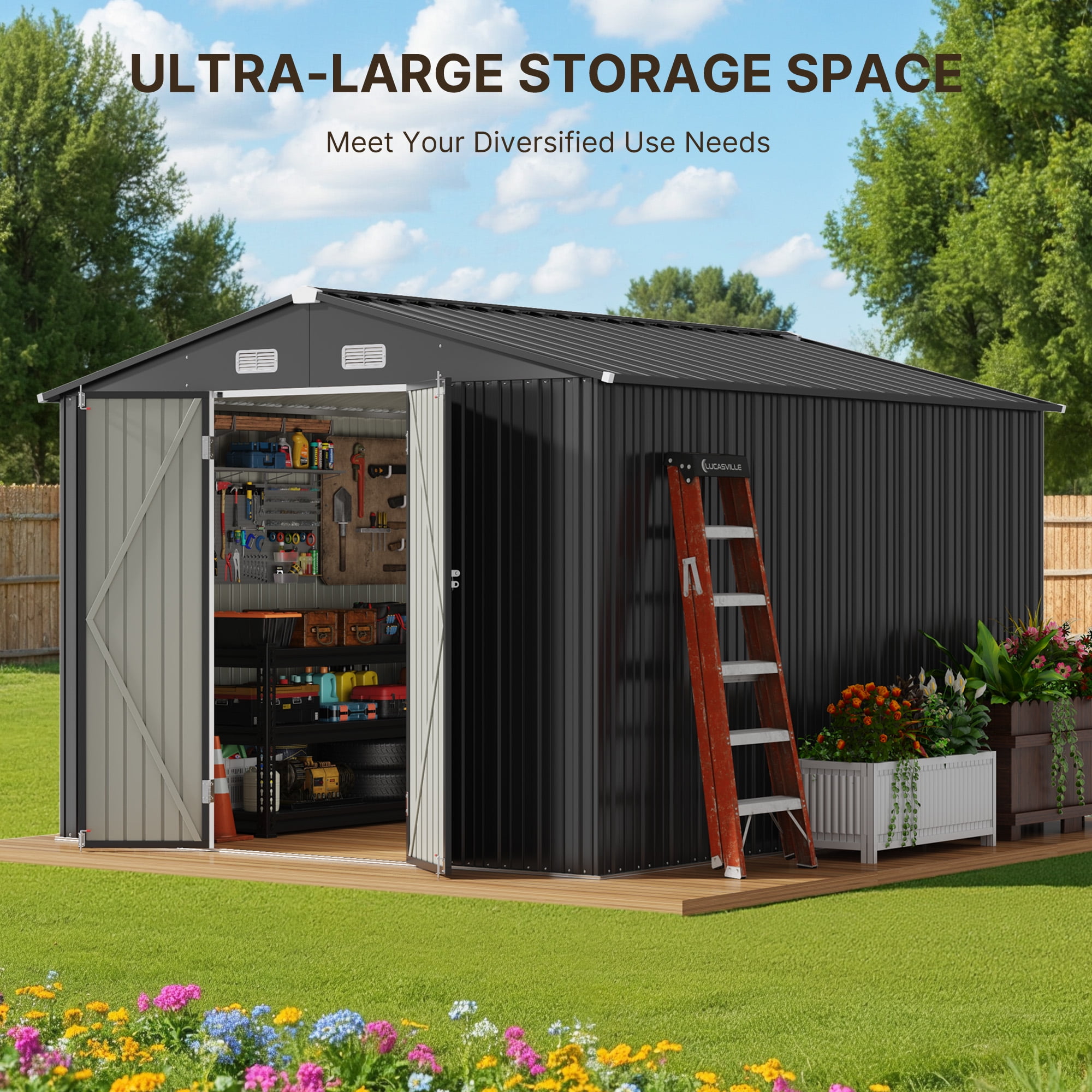 Lofka 10x10 ft Outdoor Storage Shed, Waterproof Galvanized Steel Garden Shed with Lockable Doors (Dark Gray) n2te0