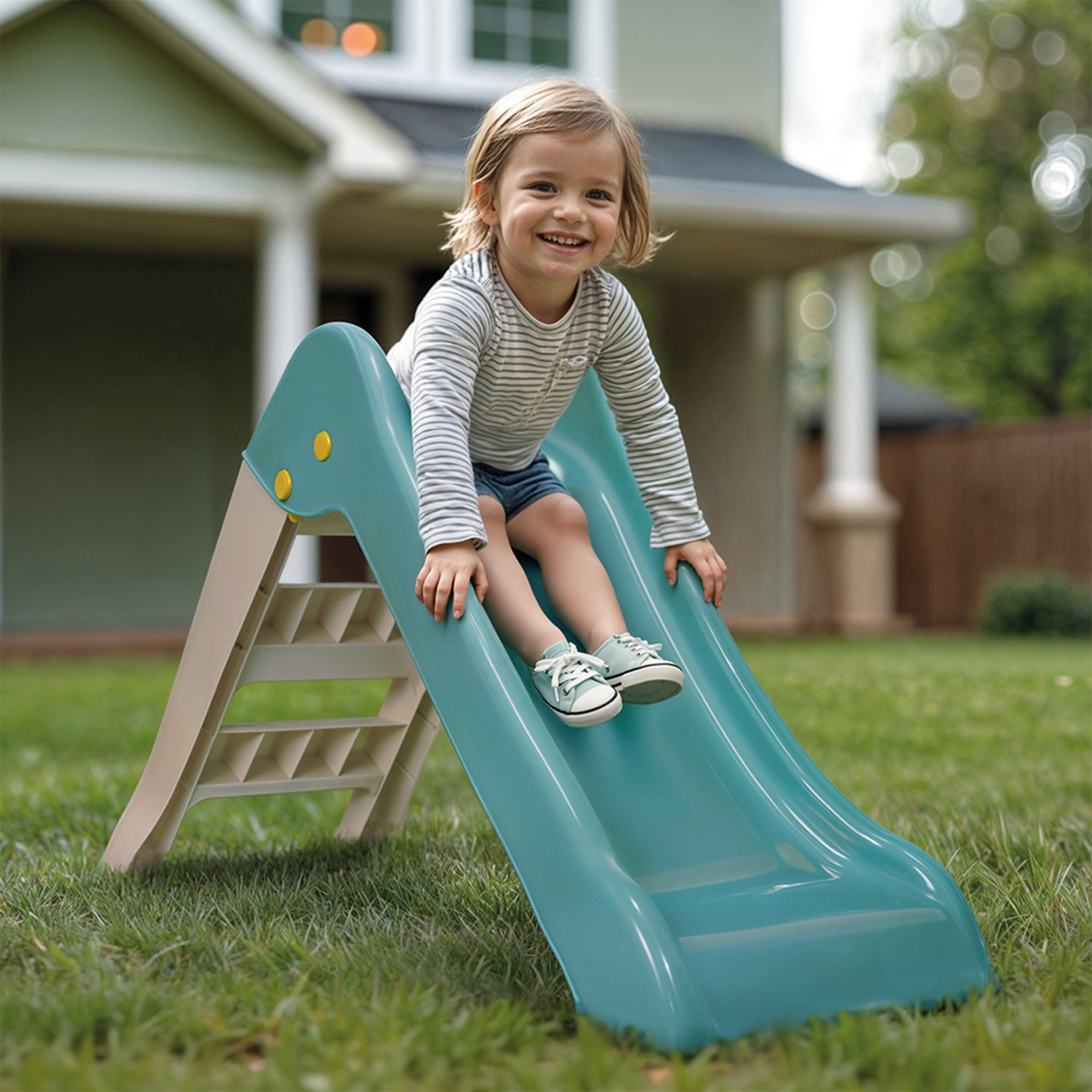 Dolu My First Garden Slide Indoor Outdoor Playground Equipment (Green/White, 43.7 x 18.5 x 27.6 in) cq48d