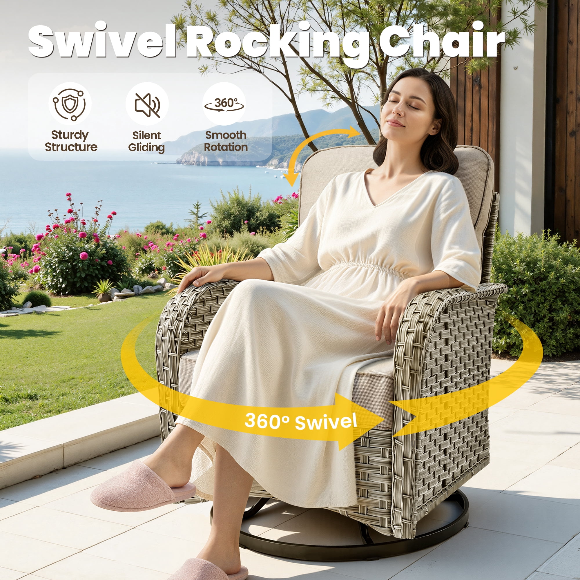 VCATNET 10-Piece Patio Conversation Set, All-Weather Rattan Wicker Sectional with Swivel Rocking Chairs and Solar LED Coffee Table (Beige, 10-Piece Set) 53c4s