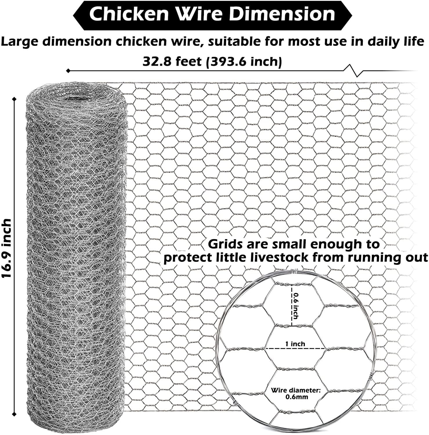 LANNEY Chicken Wire Fencing, Hexagonal Hardware Cloth for Garden and Poultry, Galvanized Steel Mesh (Silver, 16.9 in x 32.8 ft) 18x5d