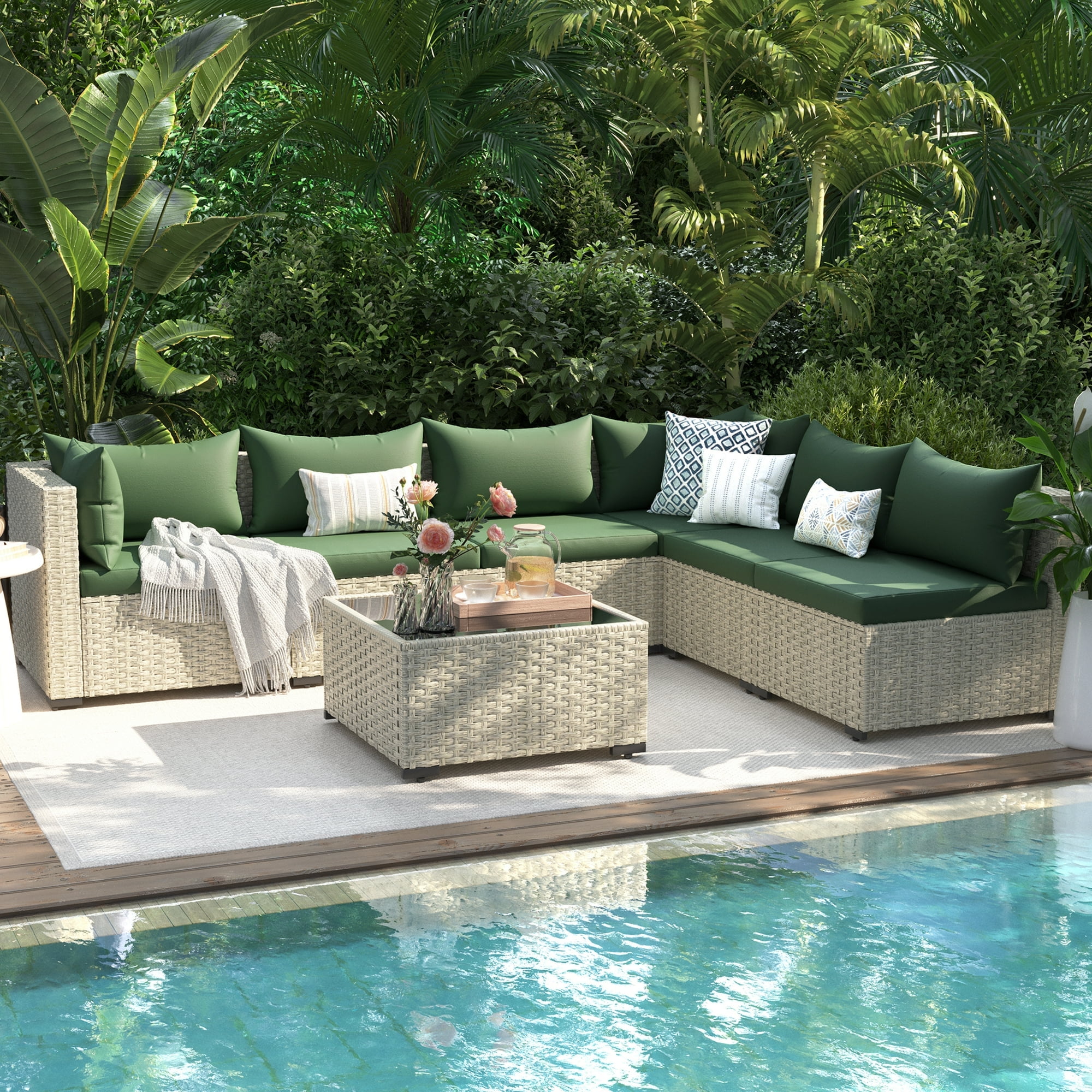 UDPATIO Modular Rattan Outdoor Patio Furniture Set, Weather-Resistant Wicker Sectional Sofa with Cushions (Green, 5-Piece Set) 1kutj