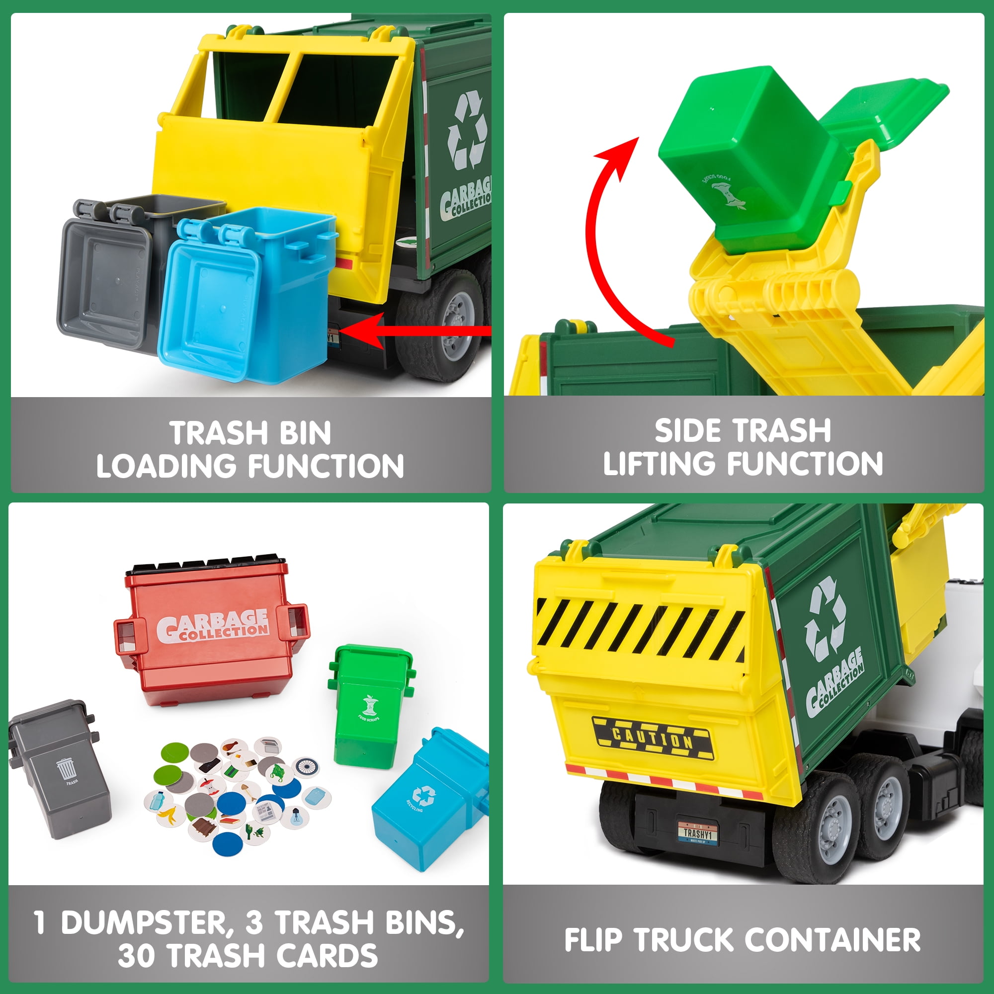 Joyfy Large Garbage Truck Toy with Lights and Sounds, Friction-Powered Recycling Vehicle with Sorting Bins (Green, 16 in) bho32