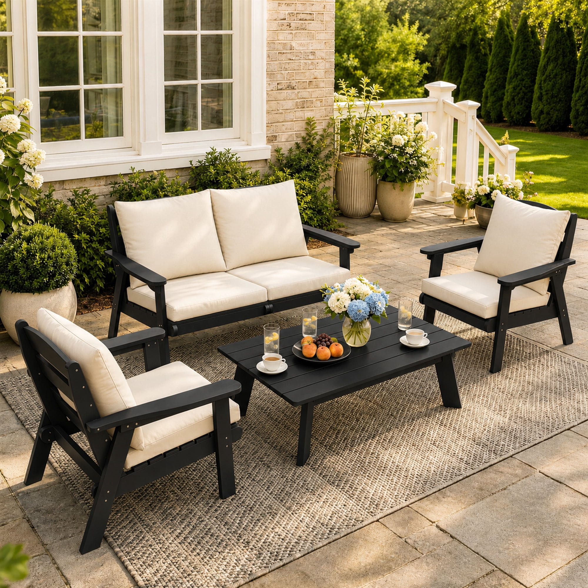 FOOWIN 4-Piece Patio Furniture Set, Weather-Resistant HDPE Outdoor Conversation Set with Cushions (Black Frame, Beige Cushion, 4-Piece Set) t7gph