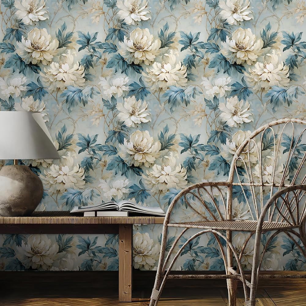 Usachibb Floral Peel and Stick Wallpaper Vintage Navy Botanical Contact Paper for Furniture and Walls (White, 17.7 in x 118.1 in) 80m28