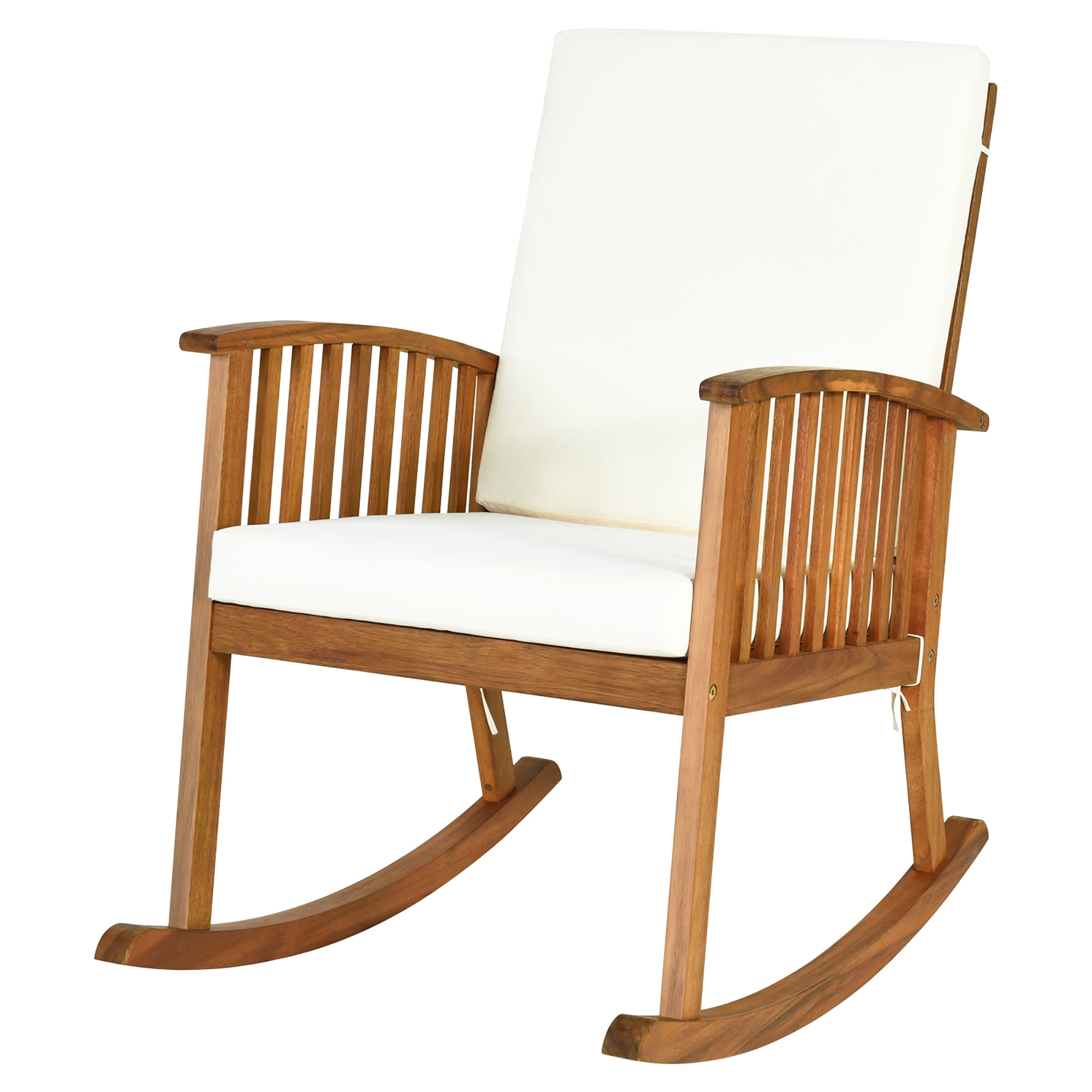 Gymax Patio Wooden Rocking Chair with Armrest Cushion (Brown, 35.5 in x 25 in x 36.5 in) gwno6