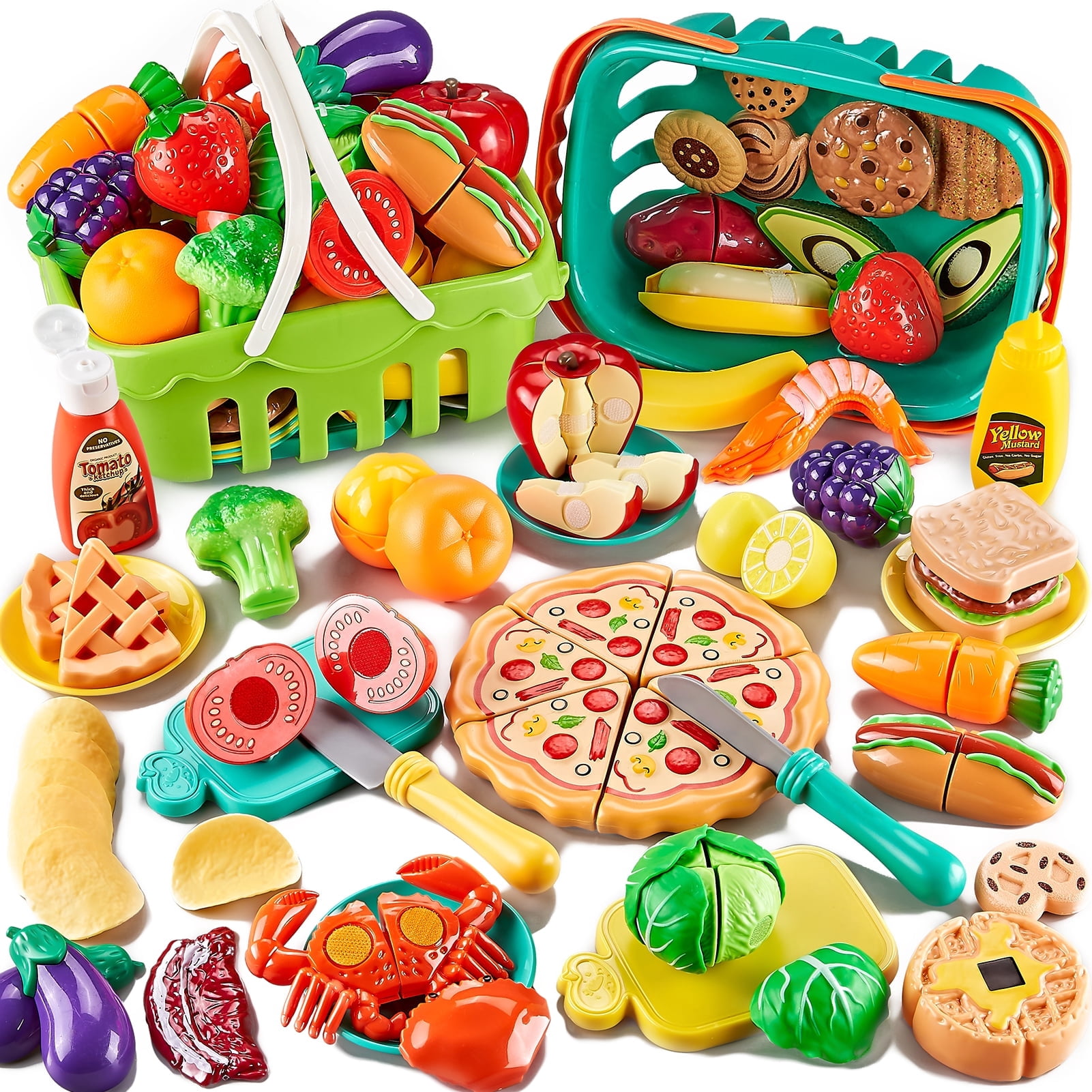 LAUGIGLE Pretend Play Food Set for Kids Kitchen, Cutting Toy Food with 2 Storage Baskets (85 Pieces) 00dfn