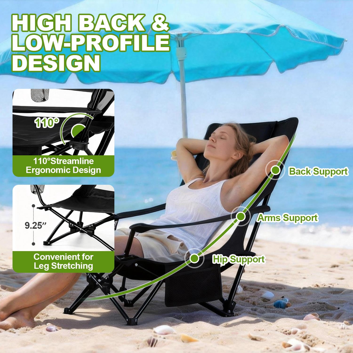 Walchoice Low Beach Chair, Heavy Duty Folding Camping Chair with High Back, Detachable Pillow, and Cup Holder (Black, 30.7 in Wide Seat) appdq