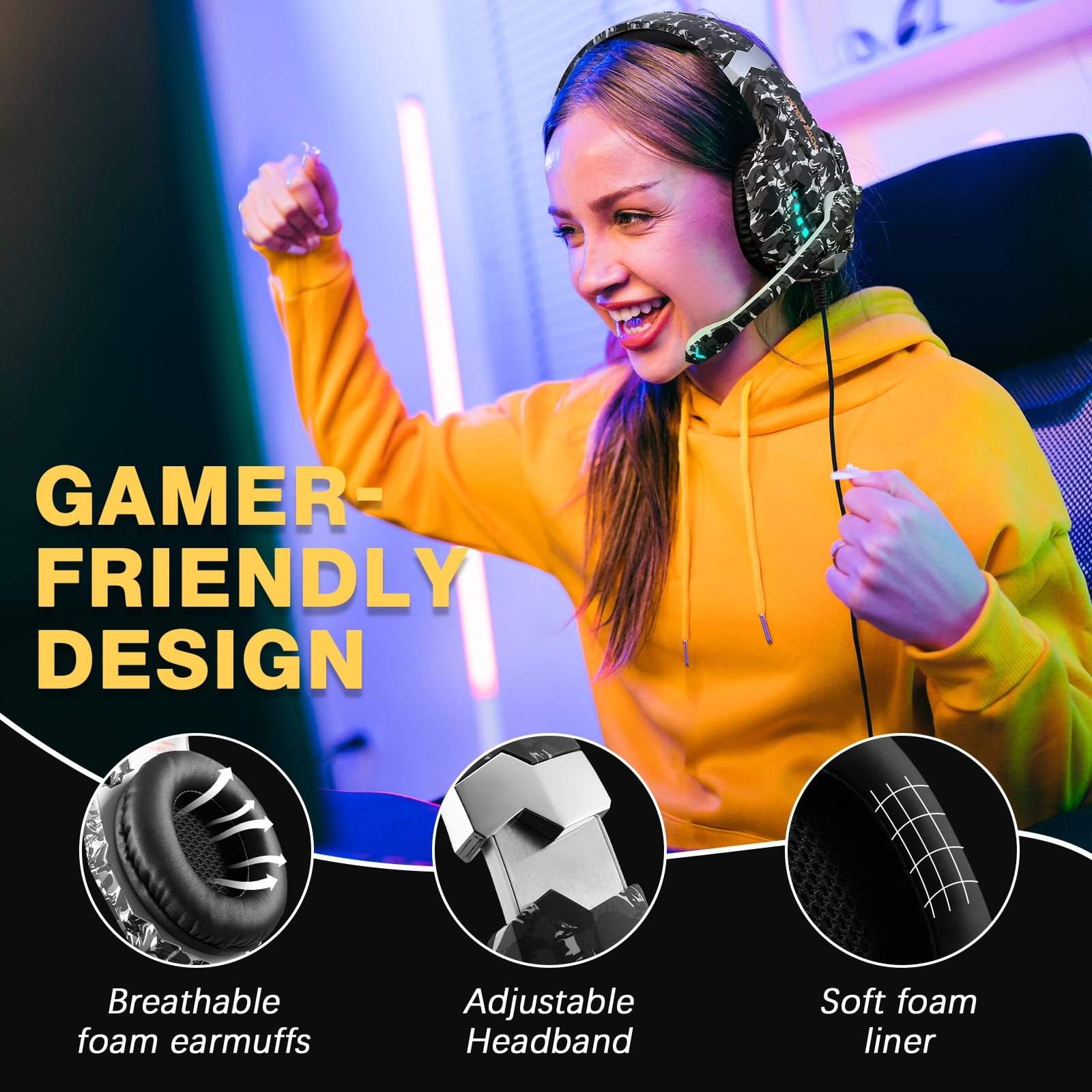 SIXGOLDHUA Wired Gaming Headset with Microphone, 7.1 Surround Sound Over-Ear Headphones for PC PS5 PS4 Xbox Series X|S (Grey, 49 in) oul6d
