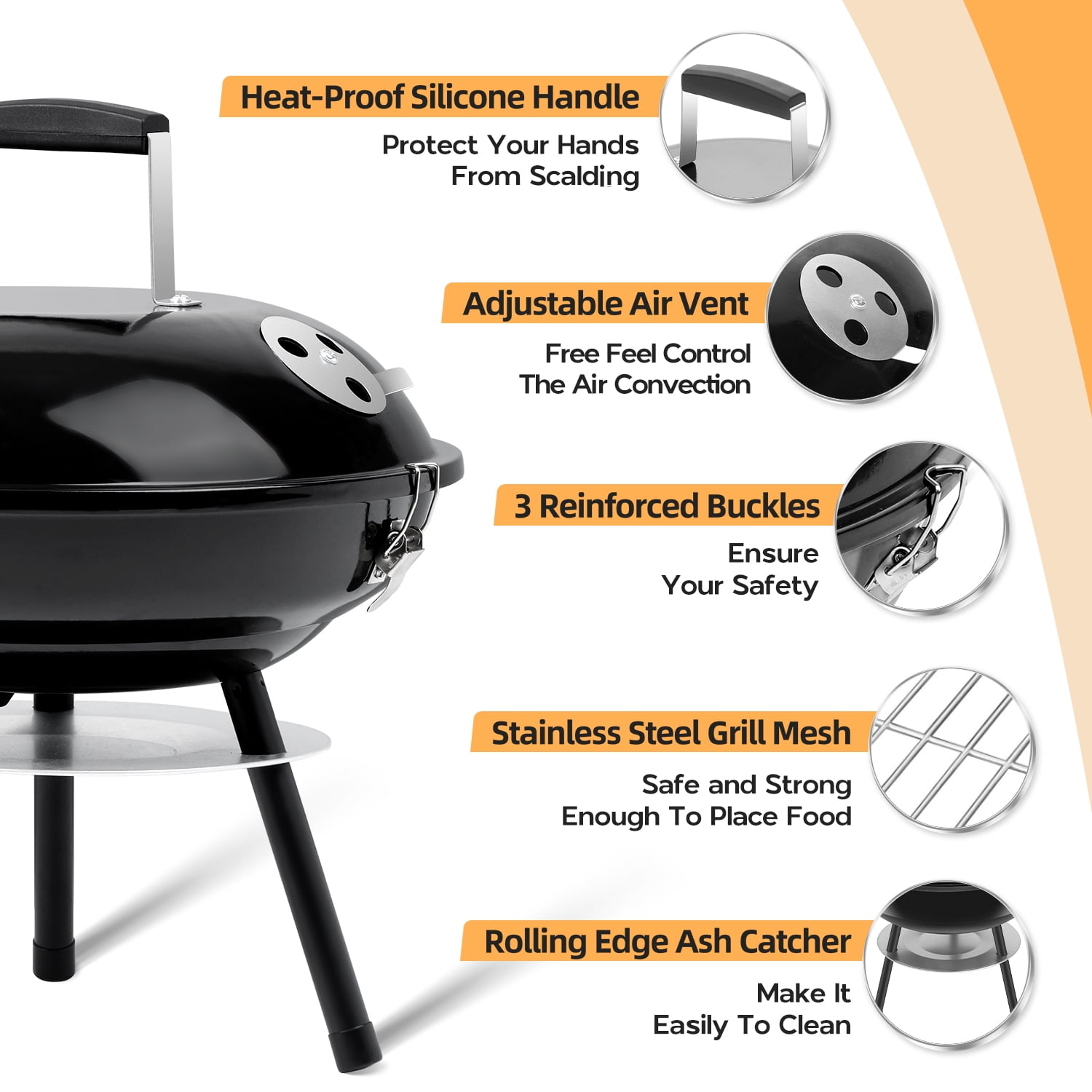 Coliware Portable Charcoal Grill, Enamel Coated Kettle Smoker with Dual Venting System (Black, 14 in) e98l6