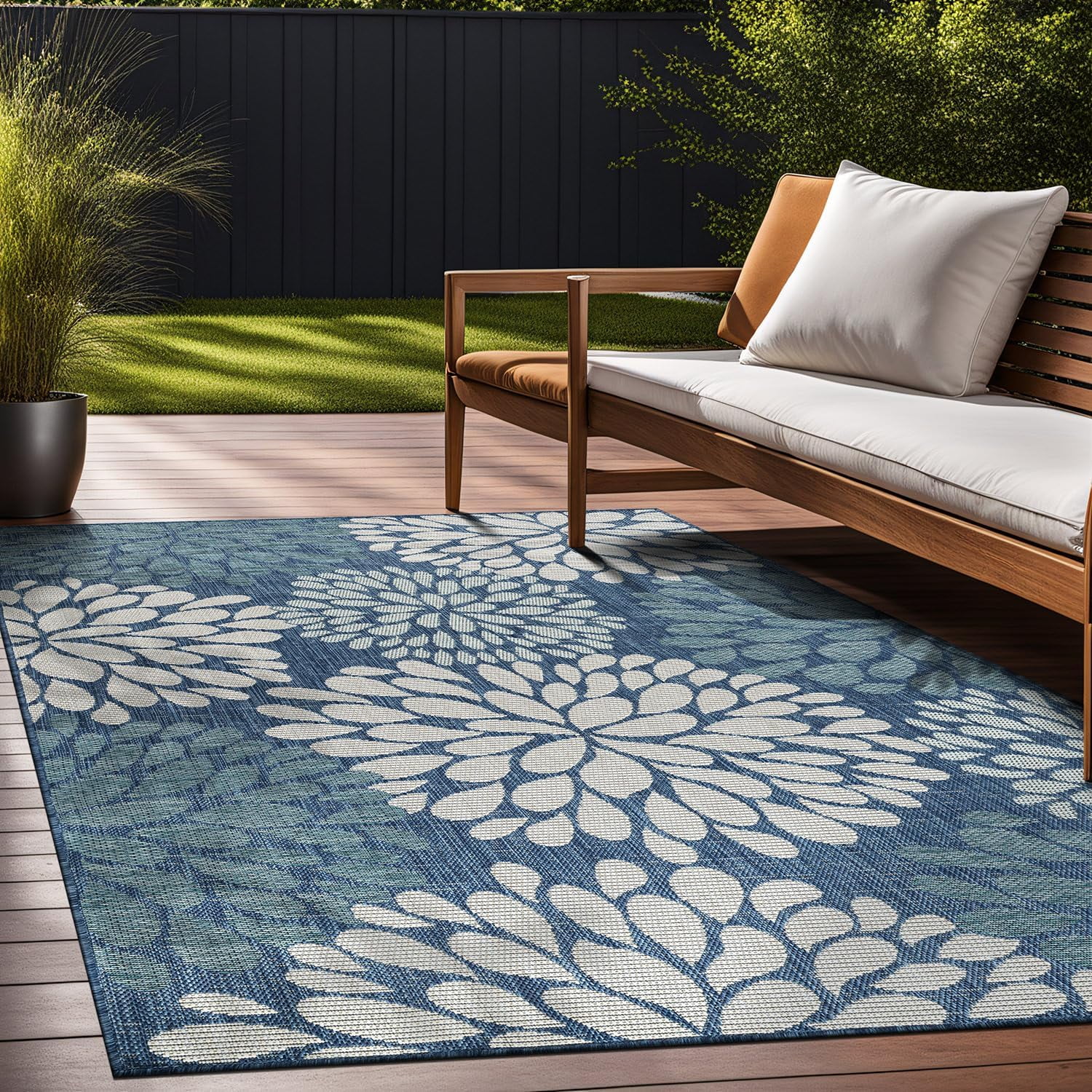 Beverly Rug Modern Floral Indoor Outdoor Area Rug (Blue, 5 ft x 7 ft) zy35d