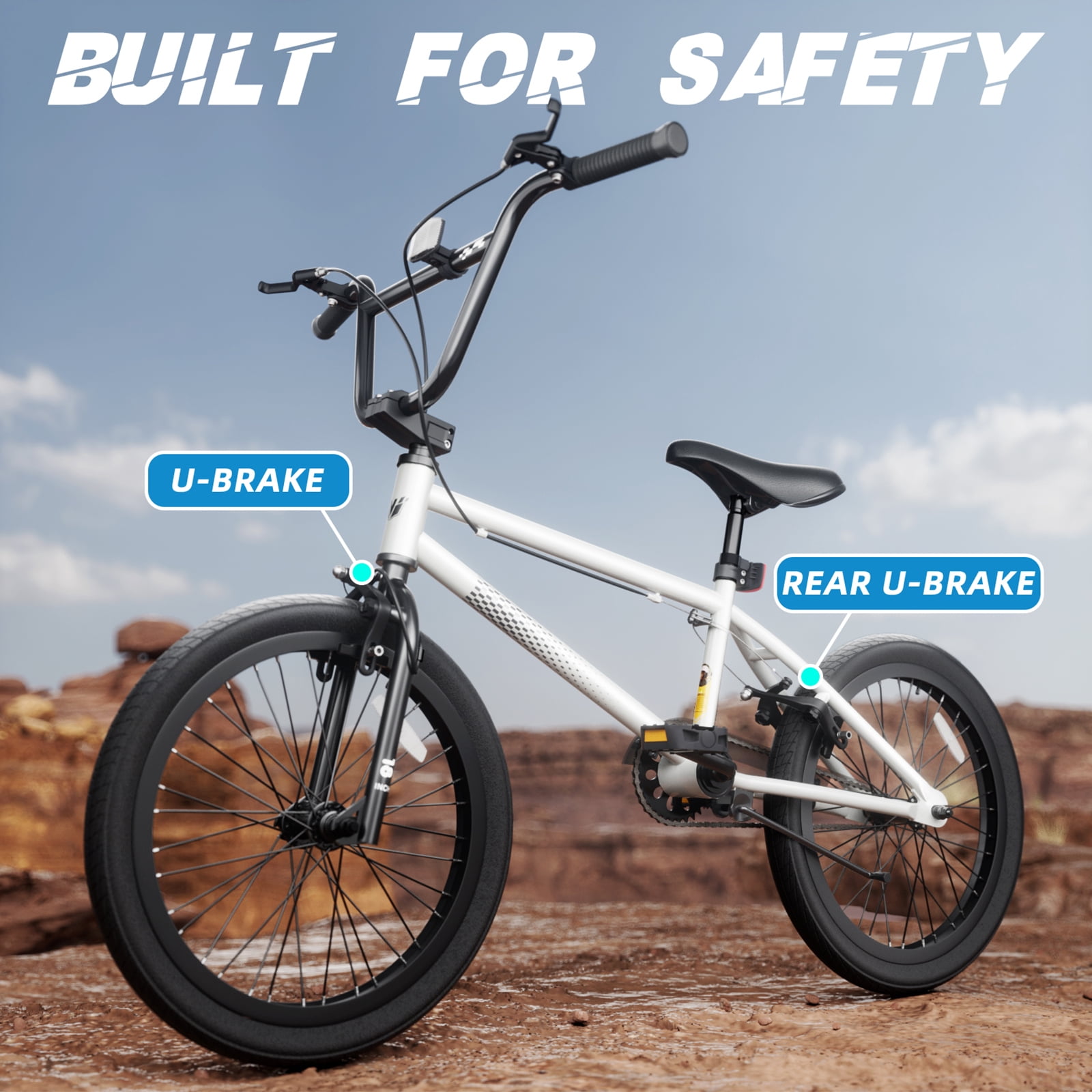 Korimefa Freestyle BMX Bike for Kids, Durable Steel Frame with Hand Brakes and Shock-Absorbing Tires (White, 18 in) idu2v