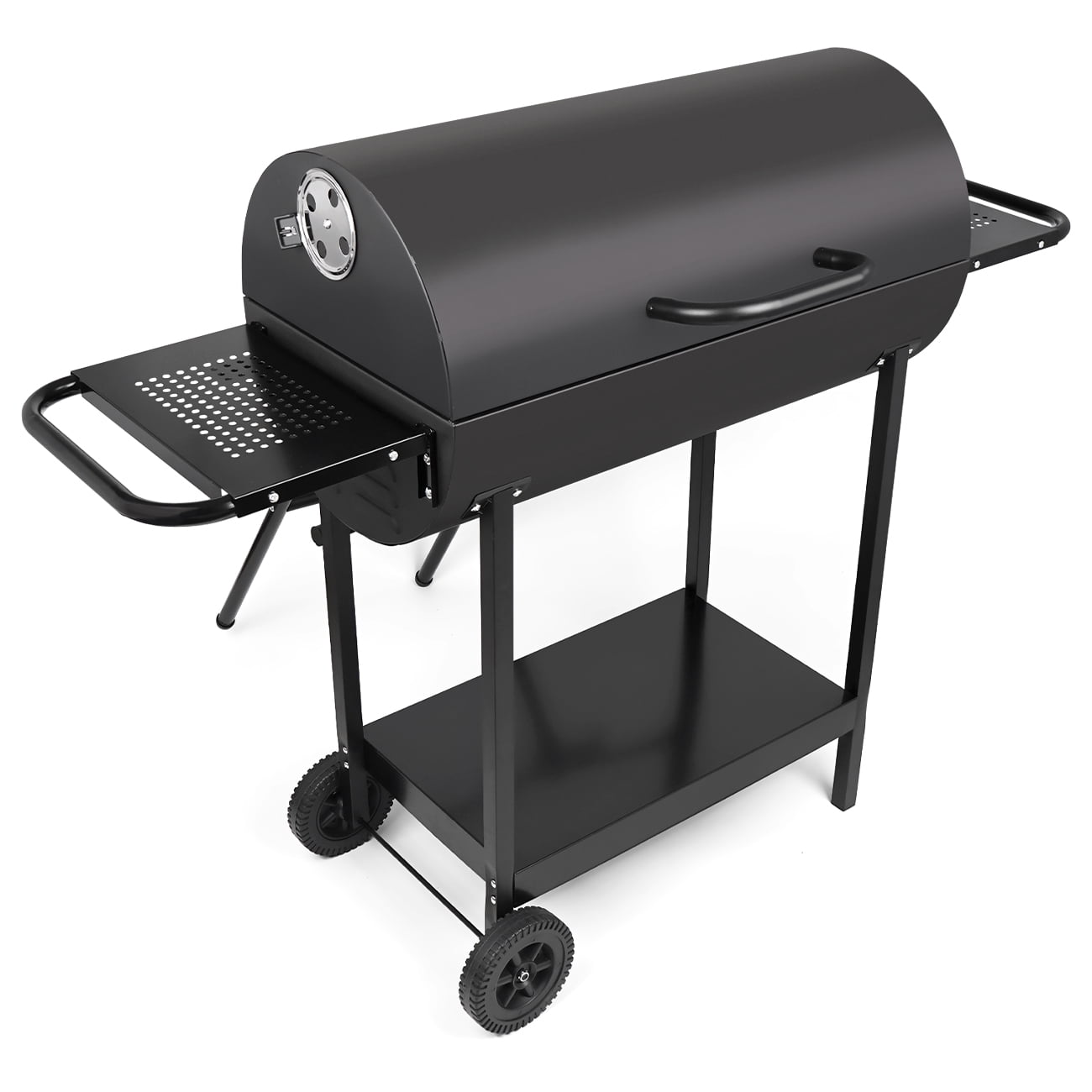 Linsen-Outdoors Double Charcoal Barrel Grill with Dual Side Shelves (Black, Large) 5yds8