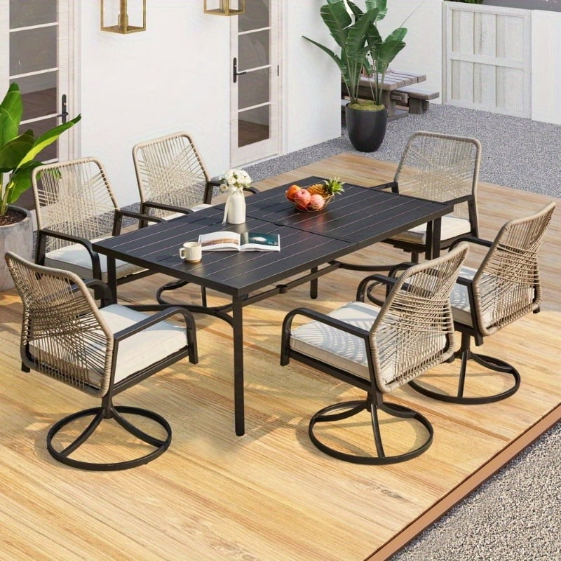 U-HOMY 7-Piece Outdoor Dining Set, 6 PE Woven Rattan Swivel Chairs with UV-Resistant Cushions & Steel Slat Table (Beige, 7-Piece Set) w076y
