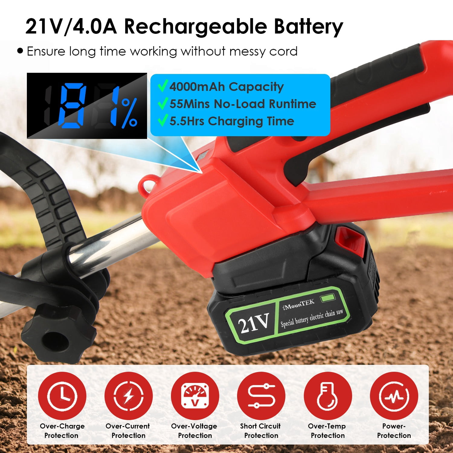 Moclever Electric Garden Tiller, Cordless Cultivator with 16 Steel Tines, 9-in Tilling Width & Depth (Black & Red, 11.02 lb) 9lg2x