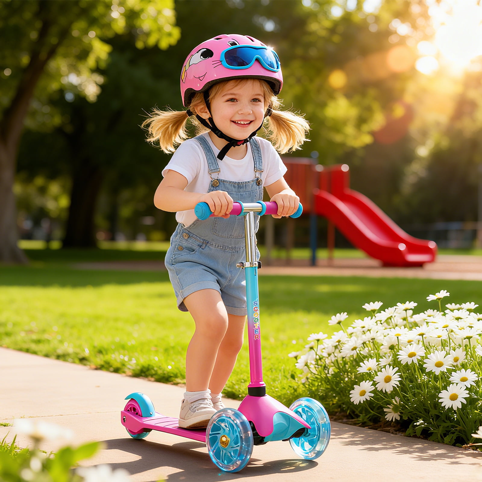 KORIMEFA 3-Wheel Kids Kick Scooter with Light-Up Wheels and Adjustable Handlebar (Pink, 110 lb Capacity) avdw0