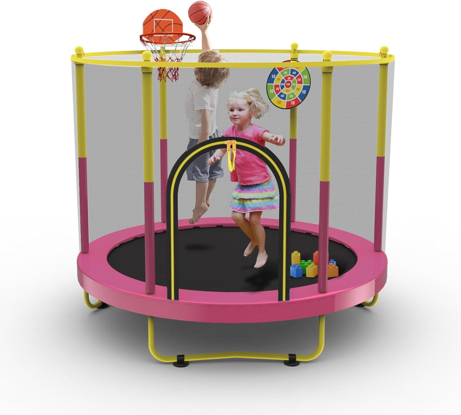 EAYSG 72 in Kids Trampoline with Safety Net, Basketball Hoop and Dart Board (Pink, 72 in) jmujb