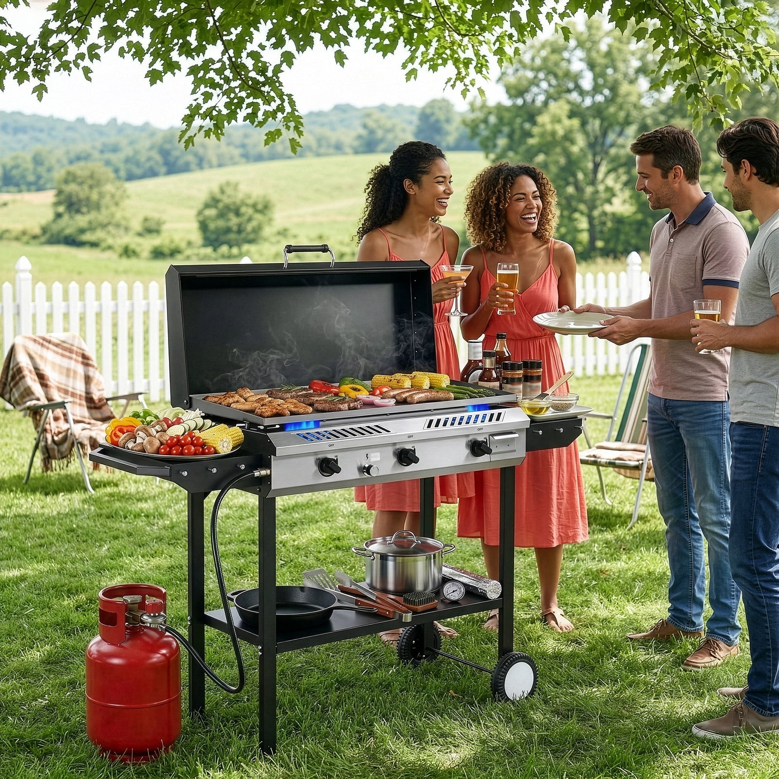 Zintown 3-Burner Outdoor Propane Gas Griddle with Portable Pan and Lid (Black, 58 in x 16.5 in x 51.5 in) r2sfz