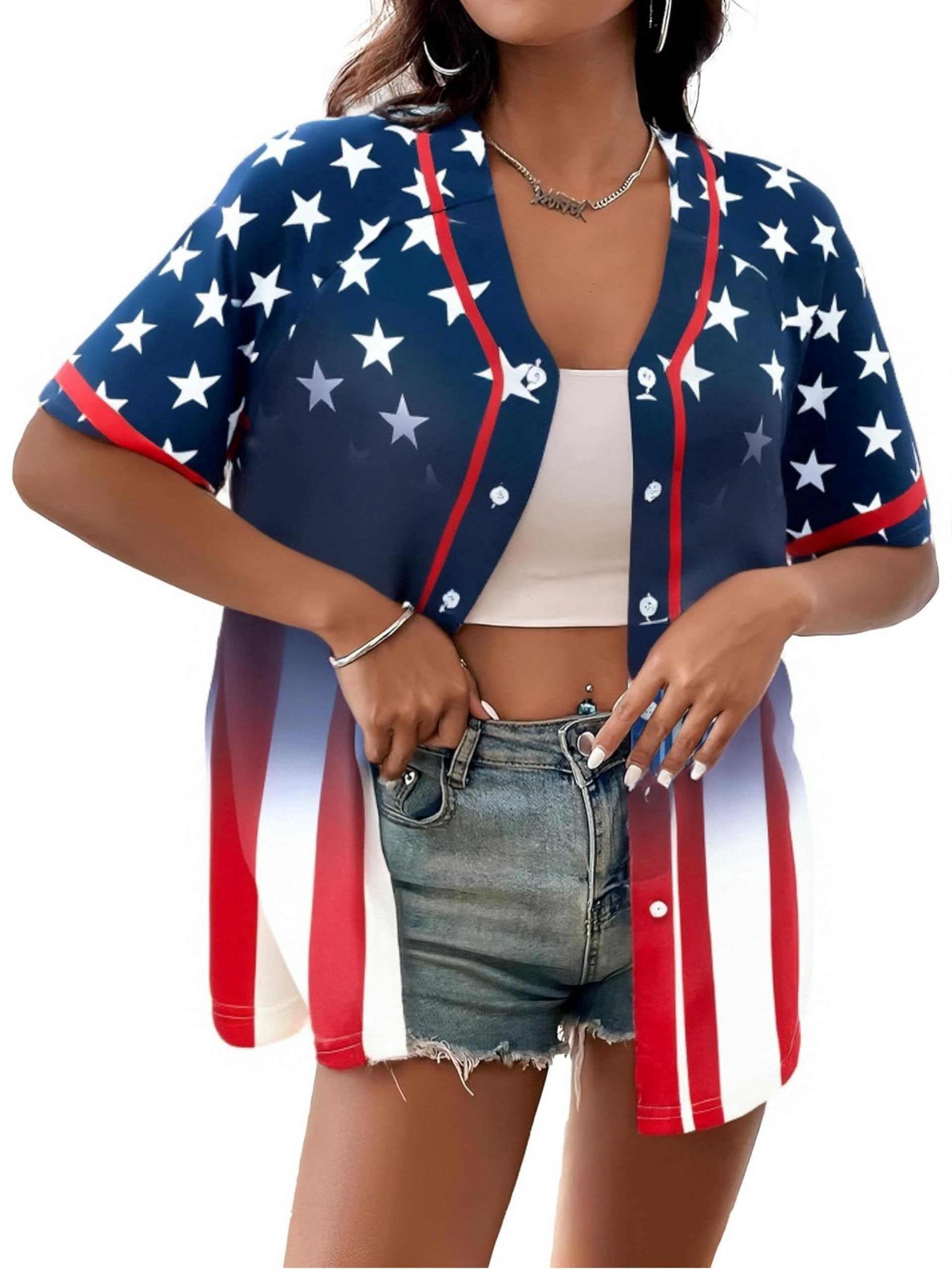 MOUSYA Womens American Flag Baseball Jersey Button Down Patriotic Shirt (Blue, L) r5swm