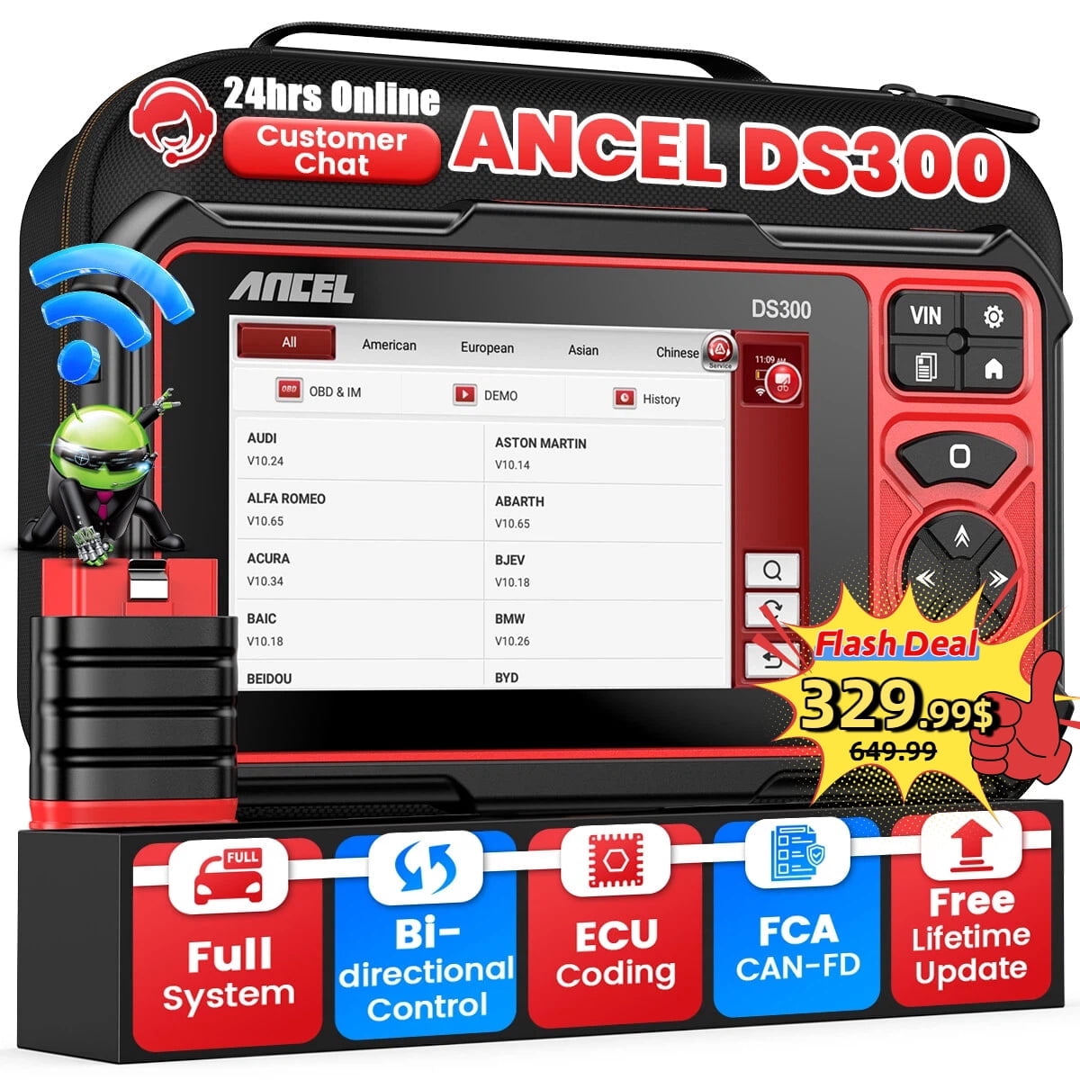 ANCEL DS300 Bi-Directional OBD2 Diagnostic Scan Tool, Full System Vehicle Scanner with 28+ Reset Services (Red) cumsb