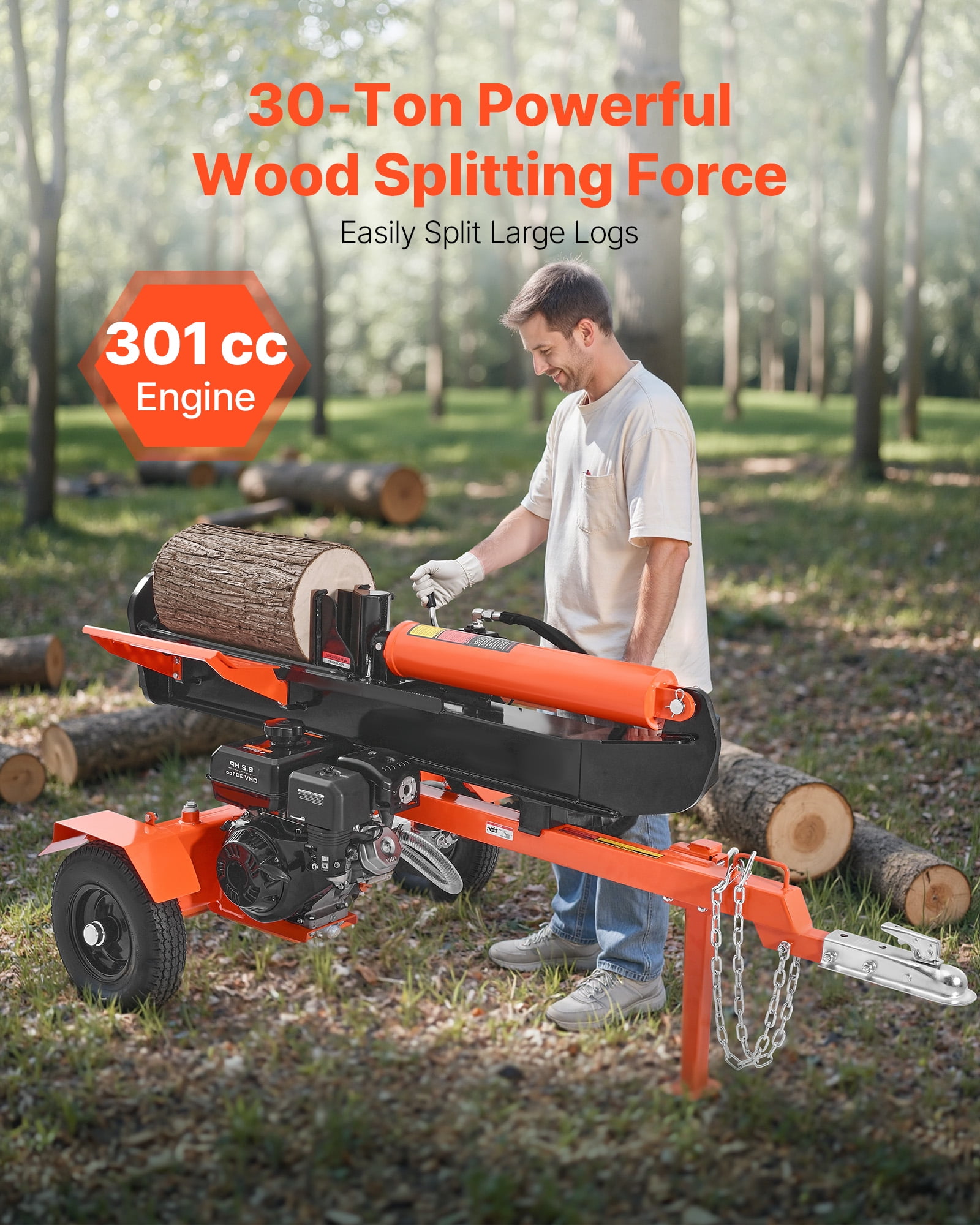 VEVOR 30 Ton Log Splitter, Gas Powered Wood Splitting Machine with 306cc Engine, Vertical & Horizontal Operation (Black, 24 in Max Log Capacity) pwvwp