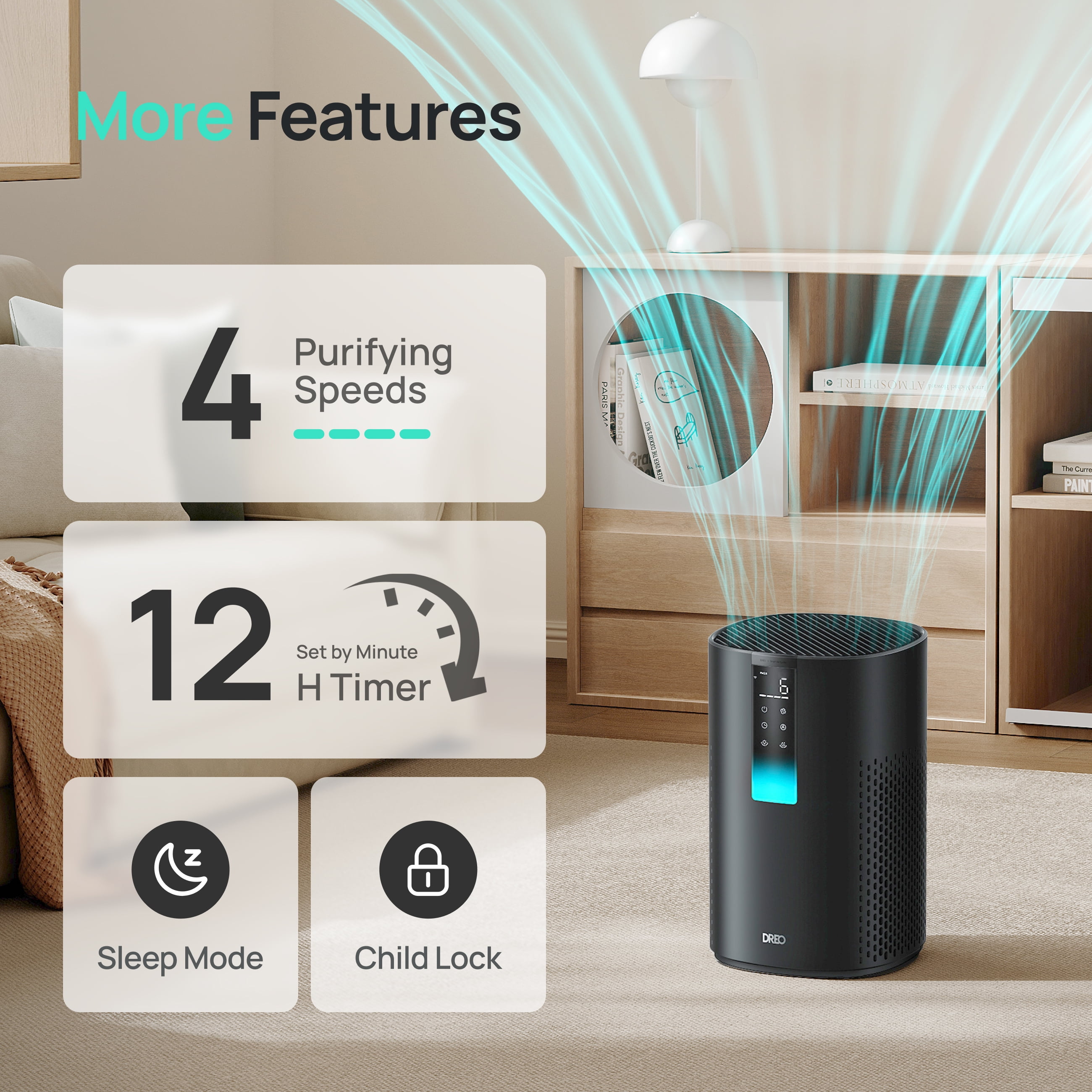 Dreo HEPA Air Purifier for Large Rooms, Smart Home Filtration System with PM2.5 Display and 5-Stage Filter (Black, 885 sq.ft) qoakd