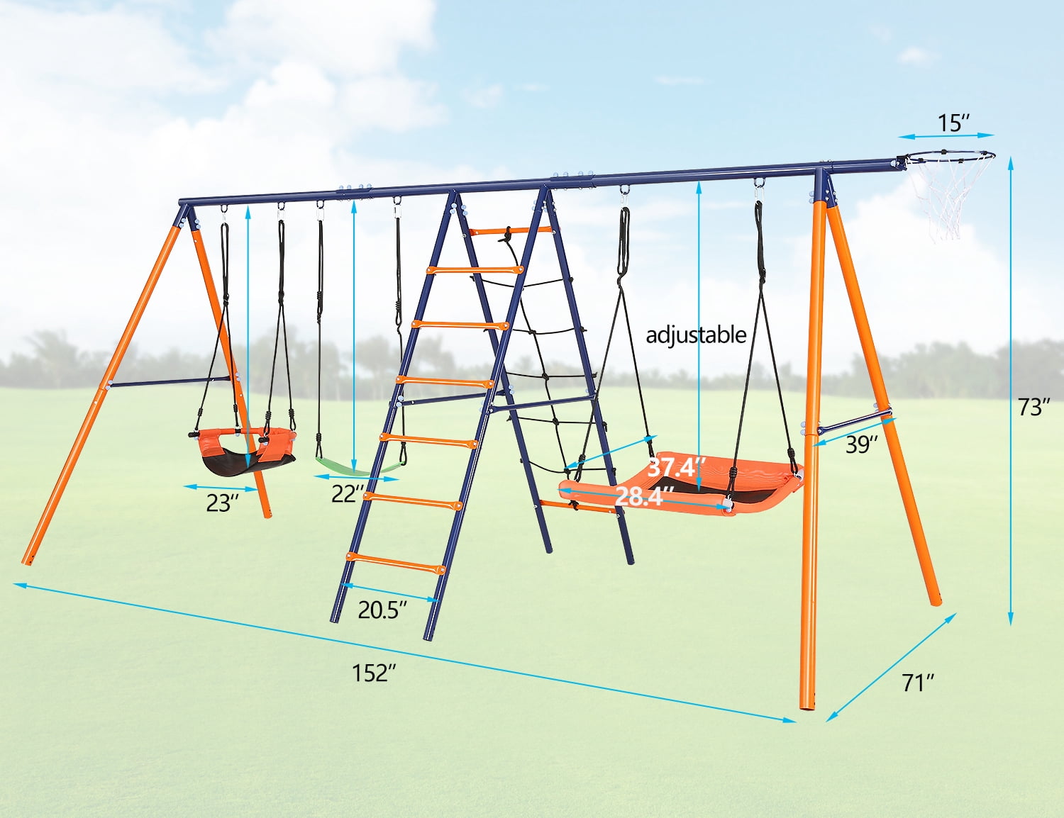 VIBESPARK 6-in-1 Outdoor Metal Swing Set for Backyard with 3 Swings, Climbing Net, Ladder, and Basketball Hoop (Orange, 151.6 in x 71 in x 72.8 in) hwz7i