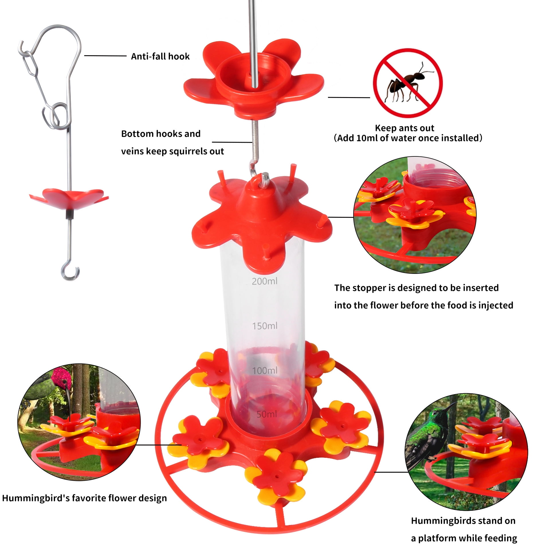 Koralakiri Hummingbird Feeder for Outdoors, Hanging Bird Feeder with Ant Moat and 6 Feeding Ports (Red, 8.45 fl oz) n5fpf
