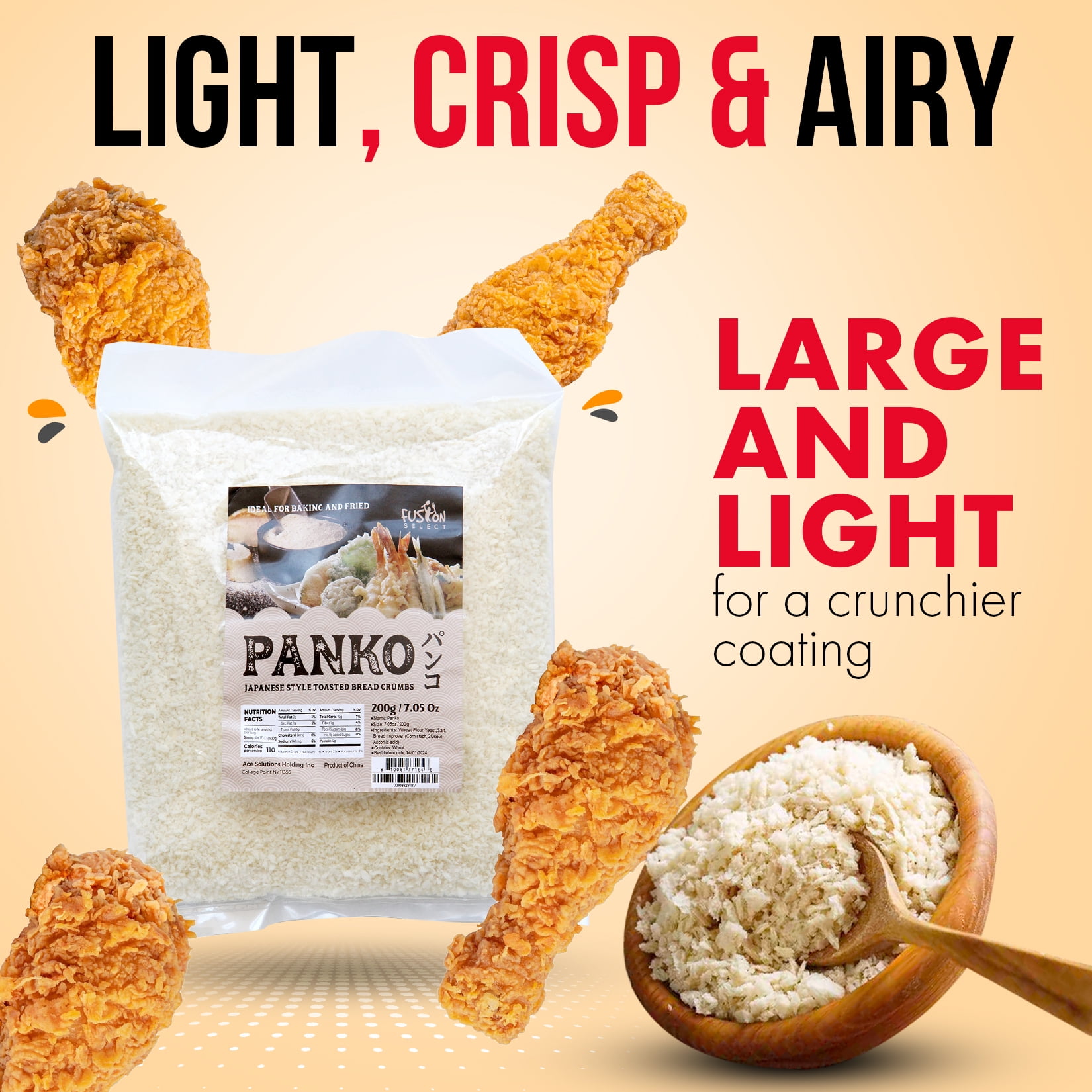 Fusion Select Japanese-Style Toasted Panko Breadcrumbs, Vegan Crispy Coating for Frying and Baking (7.05 oz) 2uzhx