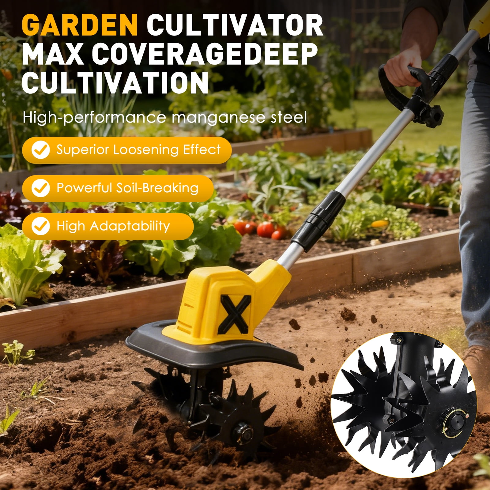 HUSGW Cordless Electric Tiller Cultivator, 21V Garden Rototiller with 2 Batteries & Charger (9 in Tilling Width, 6 in Depth) jd10g