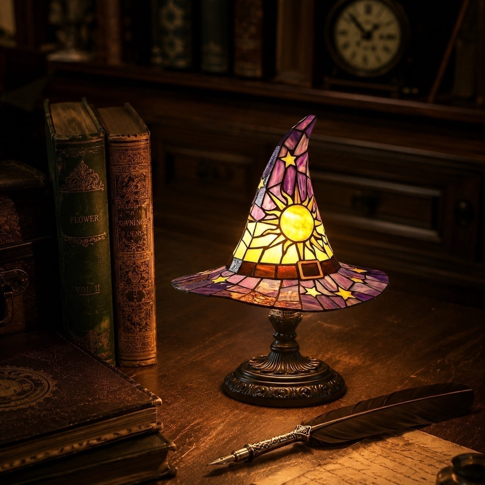 Outtop Halloween Witch Hat Stained Glass Table Lamp, Tiffany-Style LED Night Light with Sun and Star Motifs (Purple, 7.09 in) i3tdw