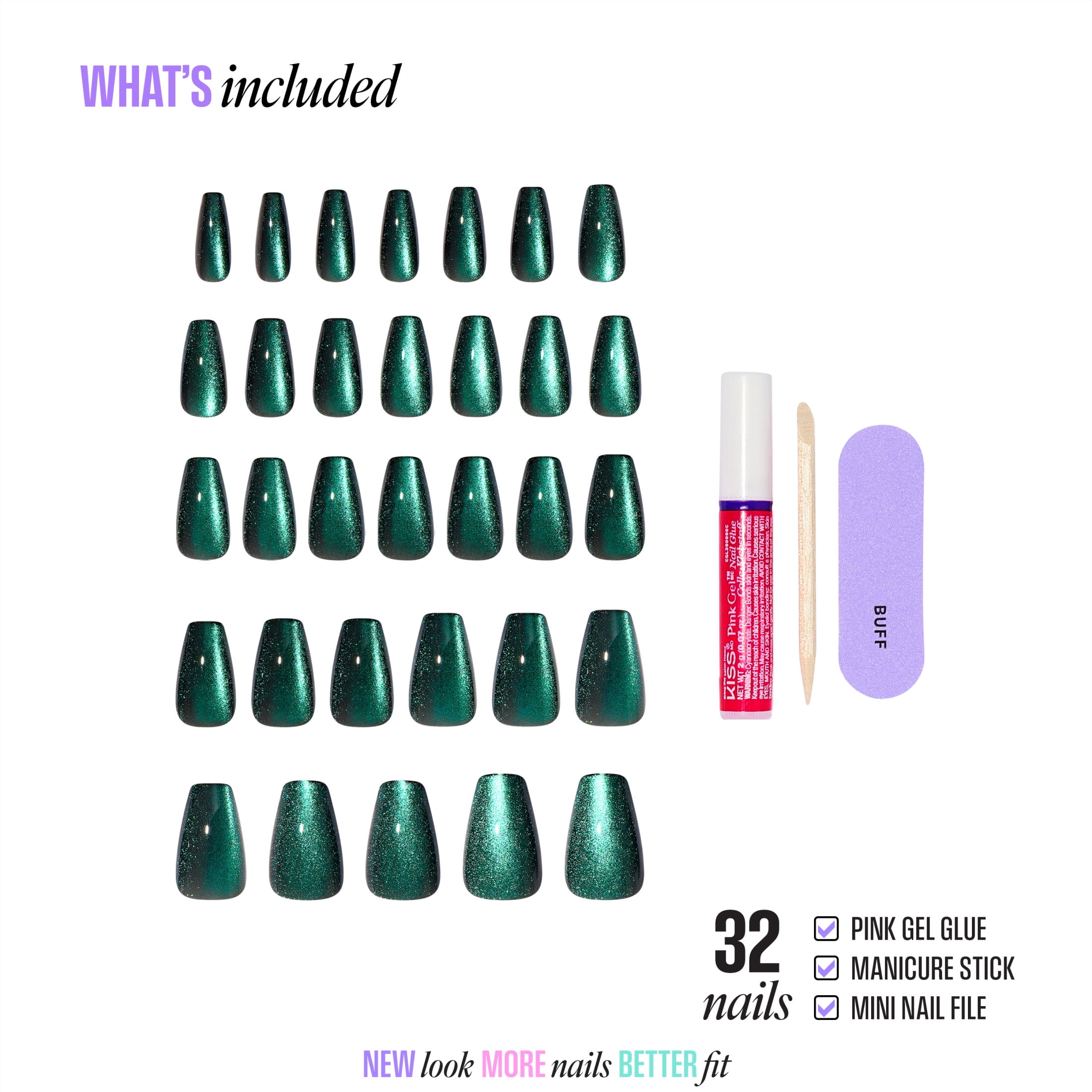 Kiss Core Magnetic Press-On Nails, Medium Coffin Shape, Durable Long-Lasting Wear (Green, 32 Pieces) jw7lt