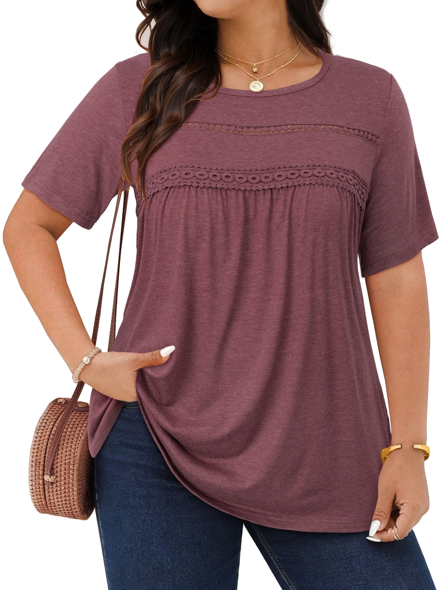 WellSize Women Plus Size Lace Tunic Blouse Casual Crew Neck Short Sleeve Summer Shirt (Brown, XXL) r1k85