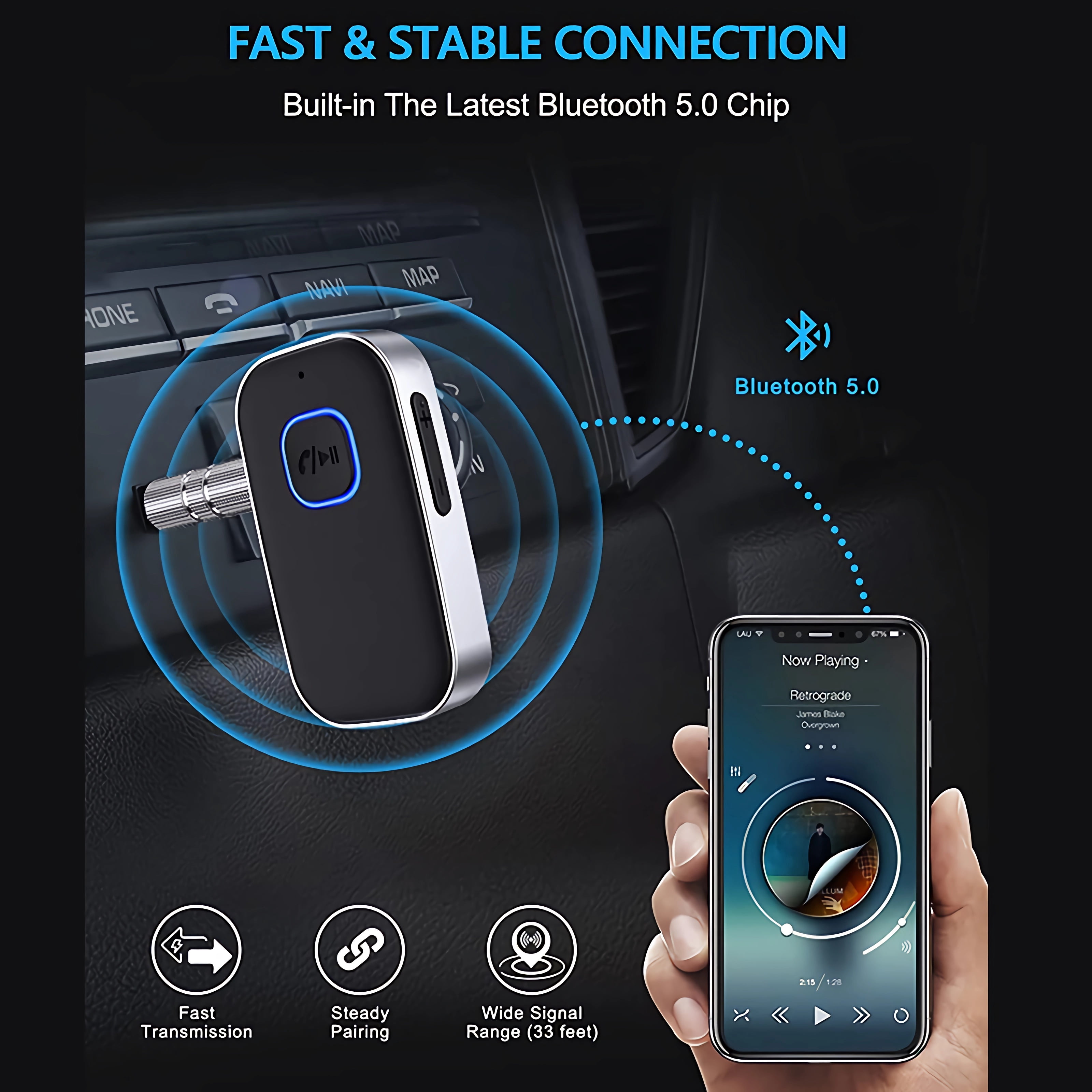 Generic Bluetooth Receiver for Car, Wireless Audio Adapter with Noise Cancellation for Home Stereo and Wired Headphones (Black, 1 Unit) i0jmv