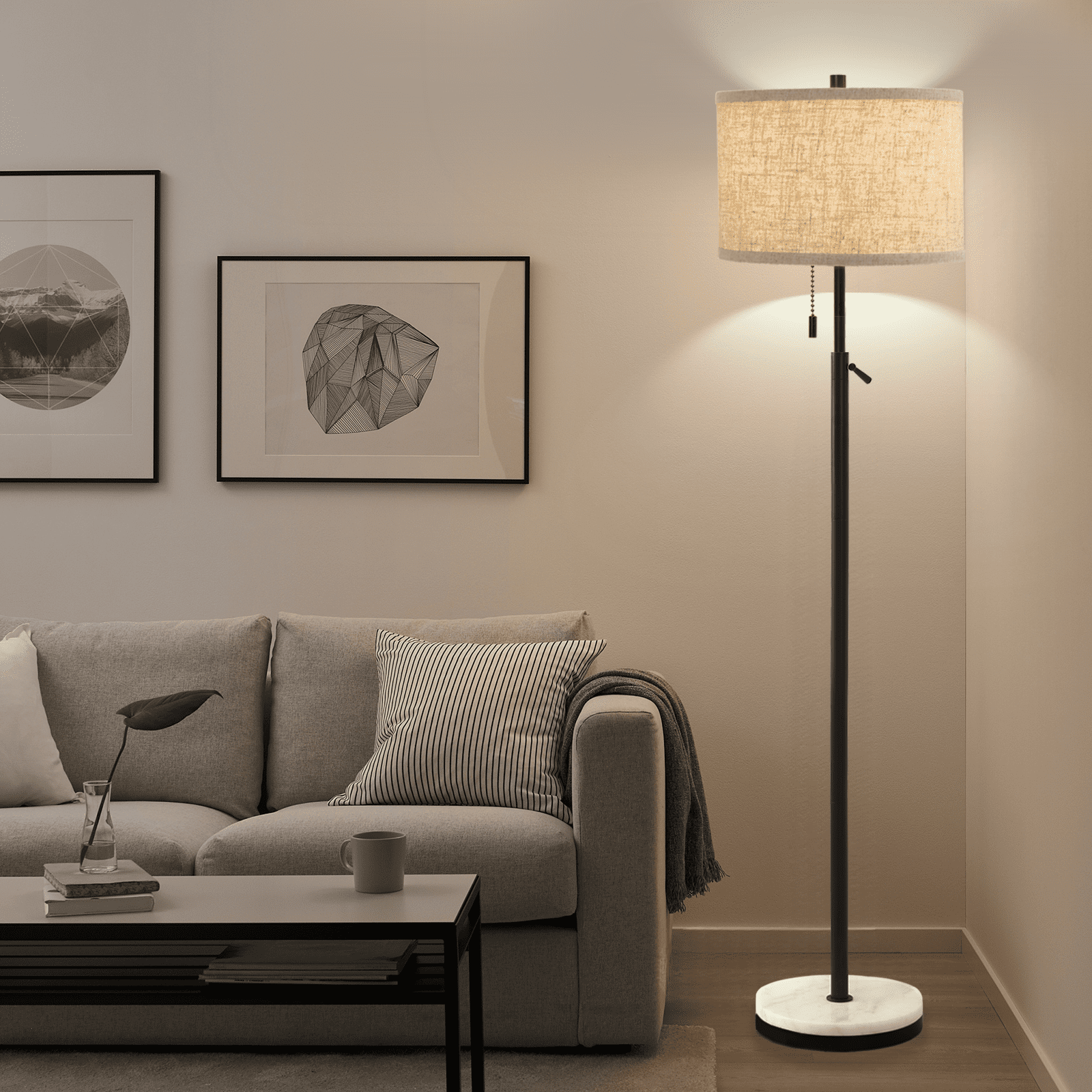 NATYSWAN Modern Marble Floor Lamp, Adjustable Height Standing Lamp with Pull Chain Switch (Black, 64 in) fhr71