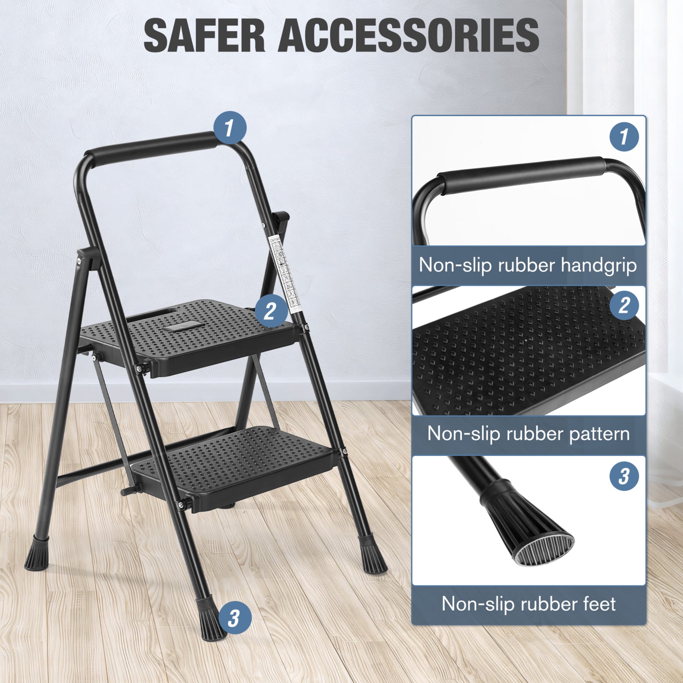 edx 2-Step Folding Ladder, Heavy-Duty Portable Step Stool with Anti-Slip Pedals (Black, 800 lb Capacity) 77dk3