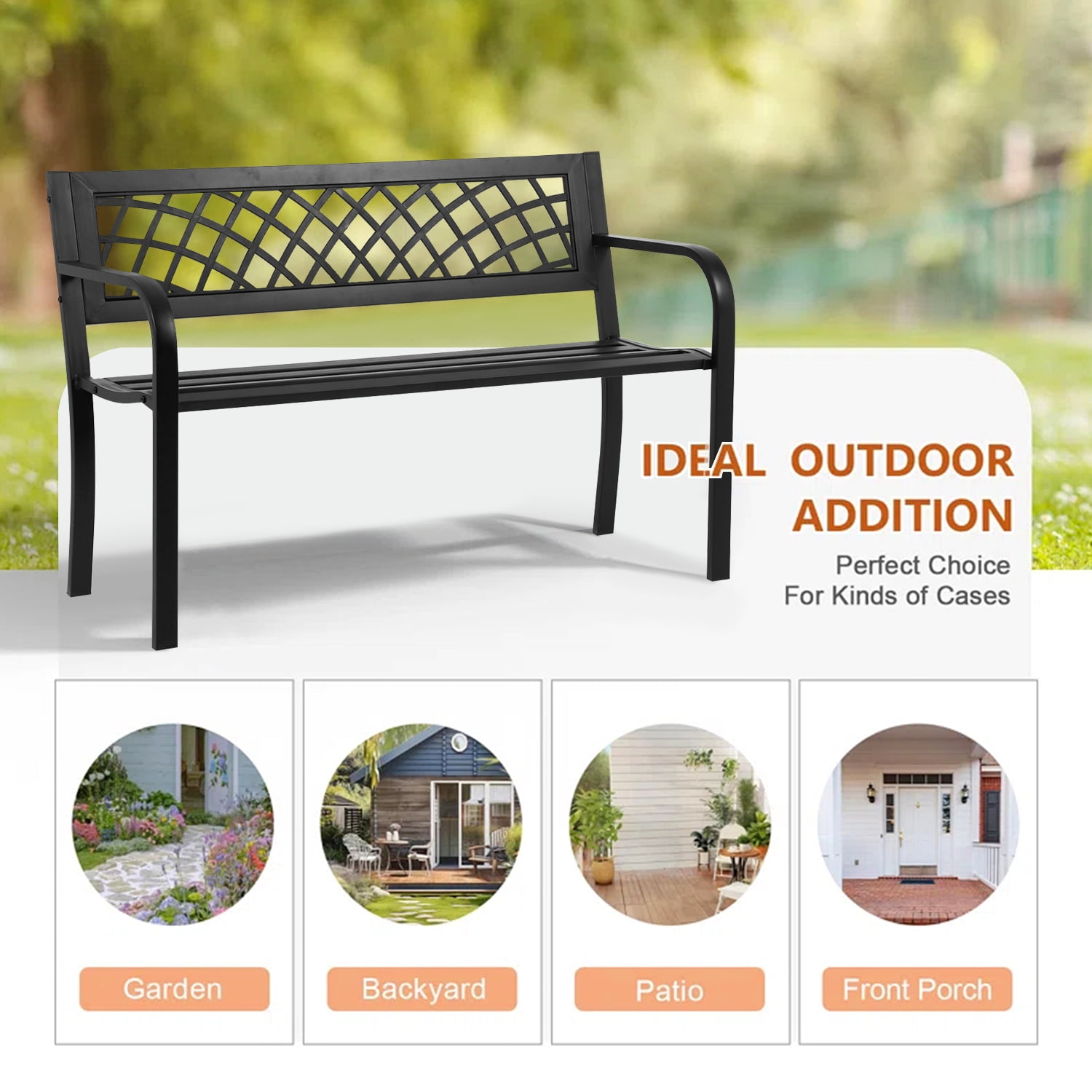 NiamVelo Outdoor Metal Garden Bench, Rust-Resistant Steel Patio Park Chair with Mesh Pattern (Black, 45.5 in x 21.7 in x 30 in) e06dq