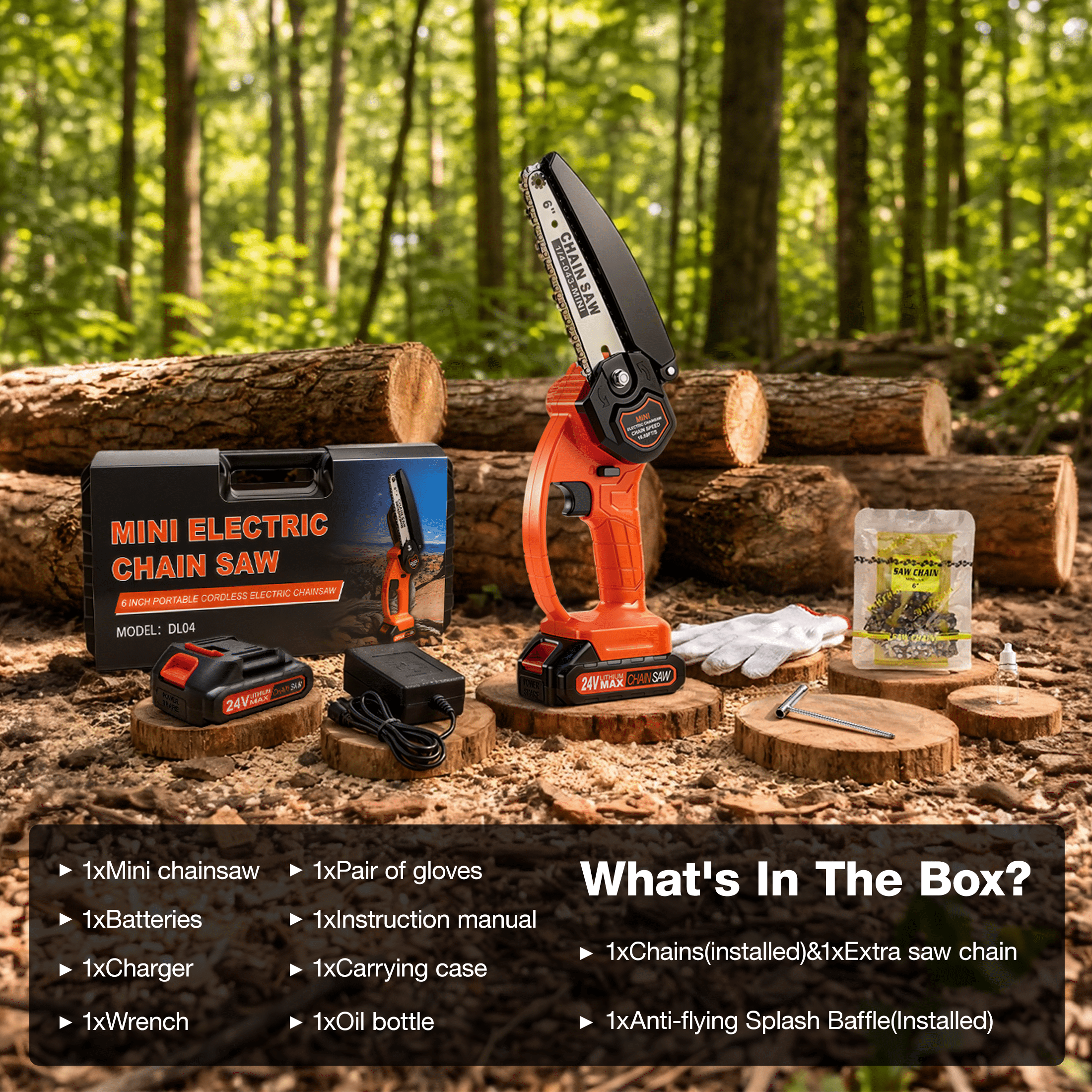 Nexpow 6 in Cordless Mini Chainsaw, Electric Handheld Wood Cutter with 2 Batteries and 2 Chains (Orange, 6 in) 5t4sq