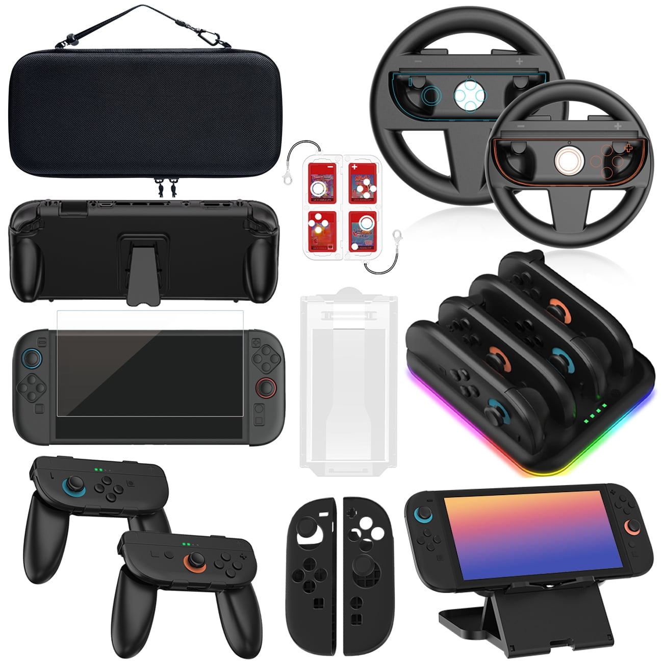 Prociv Accessory Bundle Kit for Nintendo Switch 2, Portable Carrying Case with Charging Dock, Grips, and Screen Protector (Black, 10-Piece Set) fl2xs