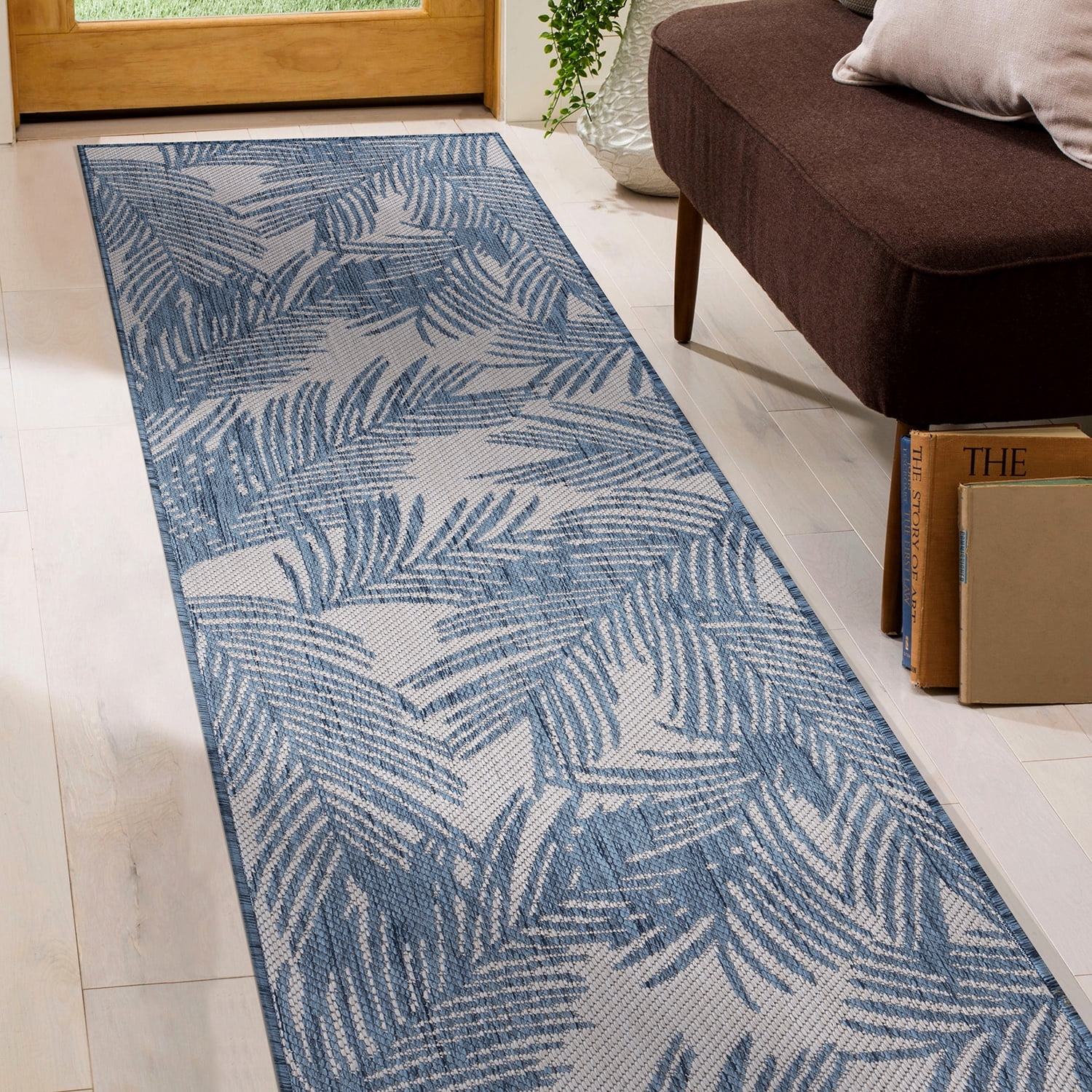 World Rug Gallery Contemporary Distressed Leaves Textured Flat Weave Indoor/Outdoor Area Rug (Blue, 2 ft x 7 ft) hupb3