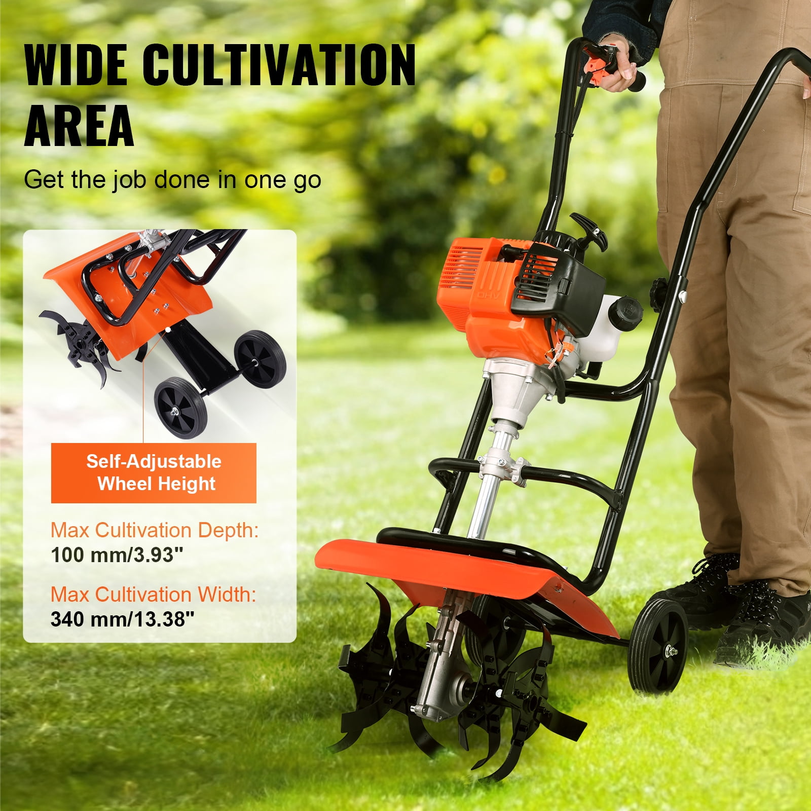 KFFKFF 31CC 4-Stroke Gas Garden Tiller, Adjustable 4-Tine Cultivator for Lawn and Soil (13.38 in Width) wqeep