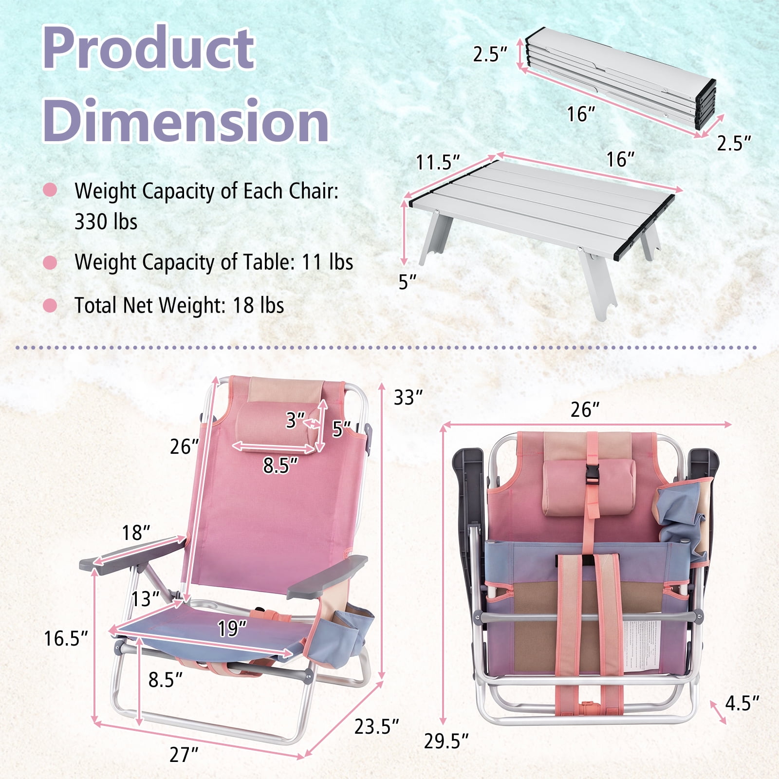Gymax 3-Piece Outdoor Camping Set, 2 Folding Beach Chairs & Portable Aluminum Side Table, 5-Level Adjustable Backrest (Pink) mruq7
