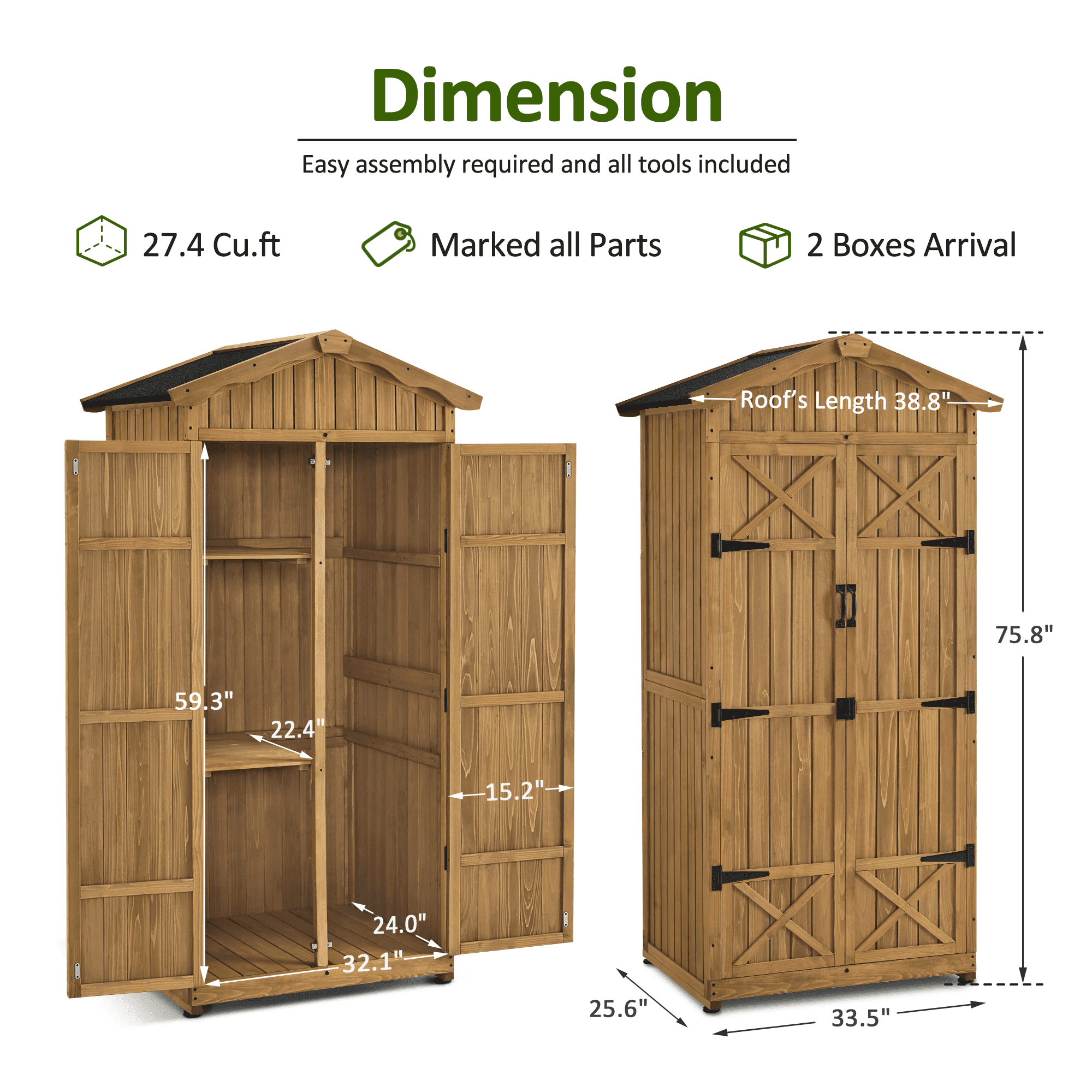 MCombo Outdoor Storage Cabinet, Lockable Wooden Tool Shed with Waterproof Asphalt Roof and Removable Shelves (Natural Wood, 75.8 in) z4llx