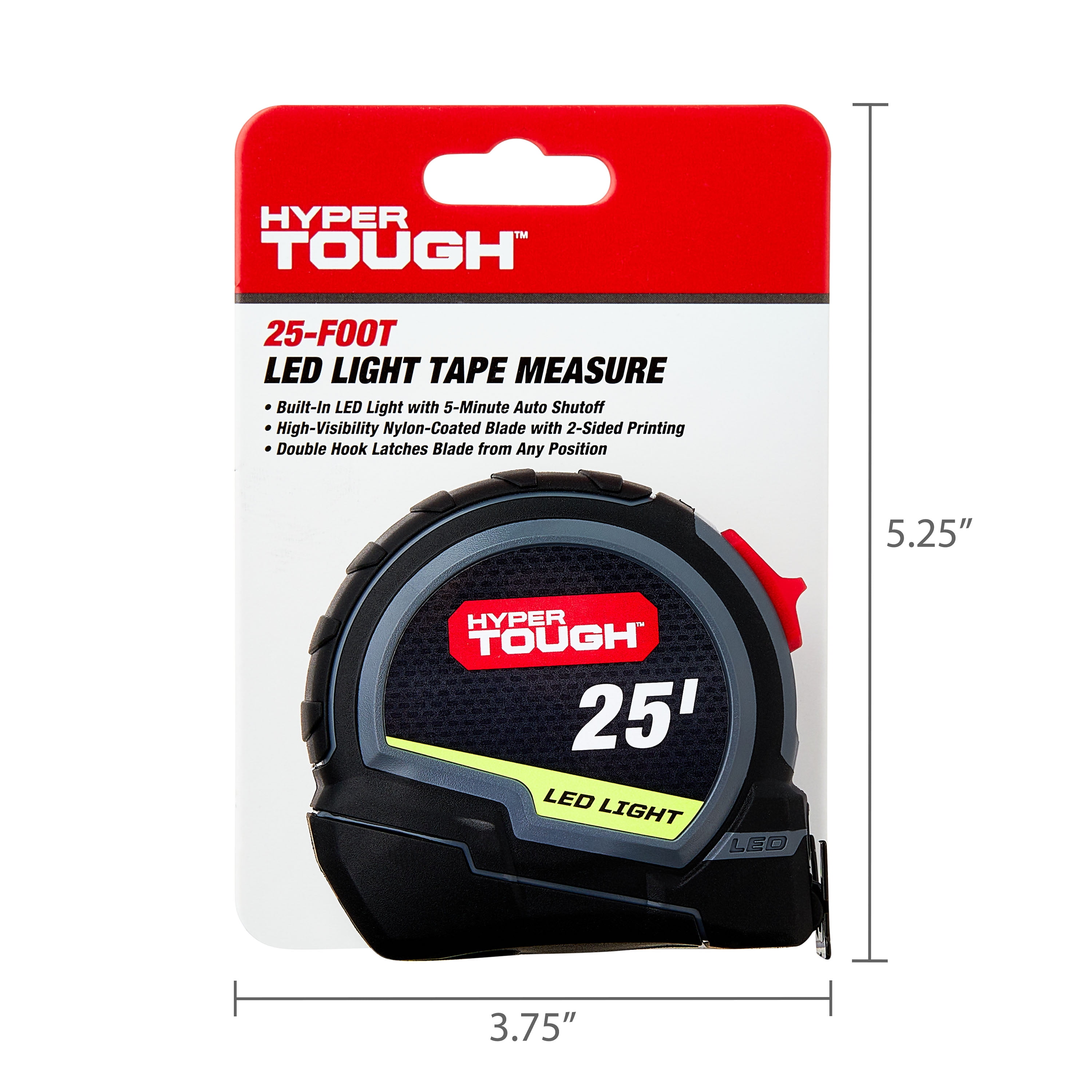 Hyper Tough LED Tape Measure with High-Visibility Blade (Grey, 25 ft) 2t2lw