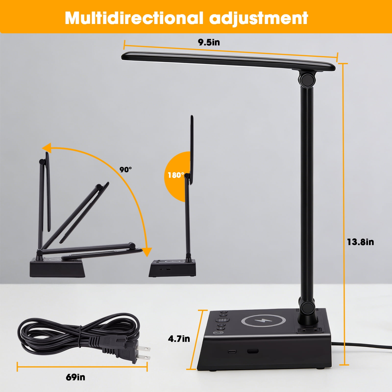 IMAGE LED Desk Lamp with Wireless Charging Pad and USB Port (Adjustable Brightness, Foldable Design) bbdtf